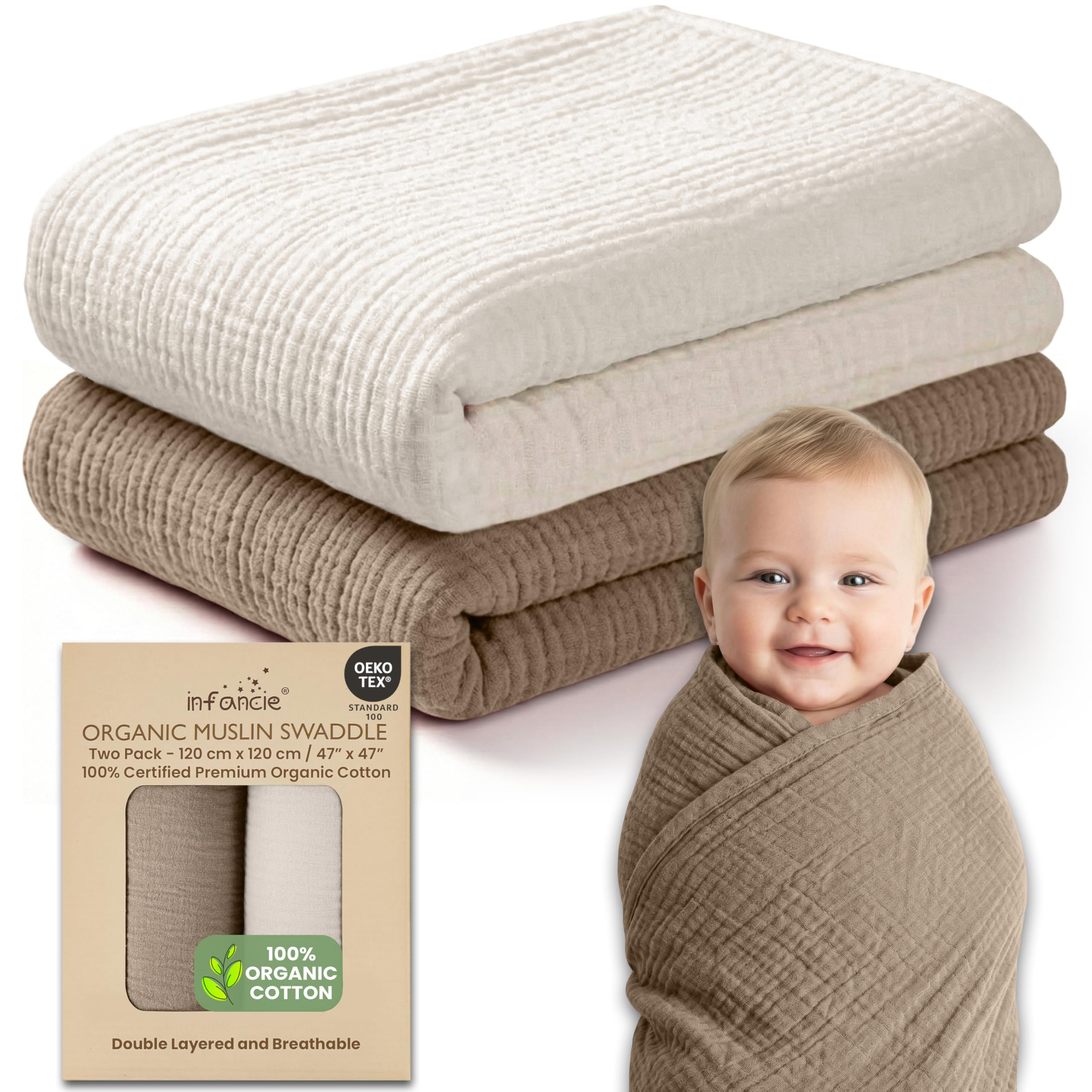 infancie olive and ivory organic muslin baby blanket set