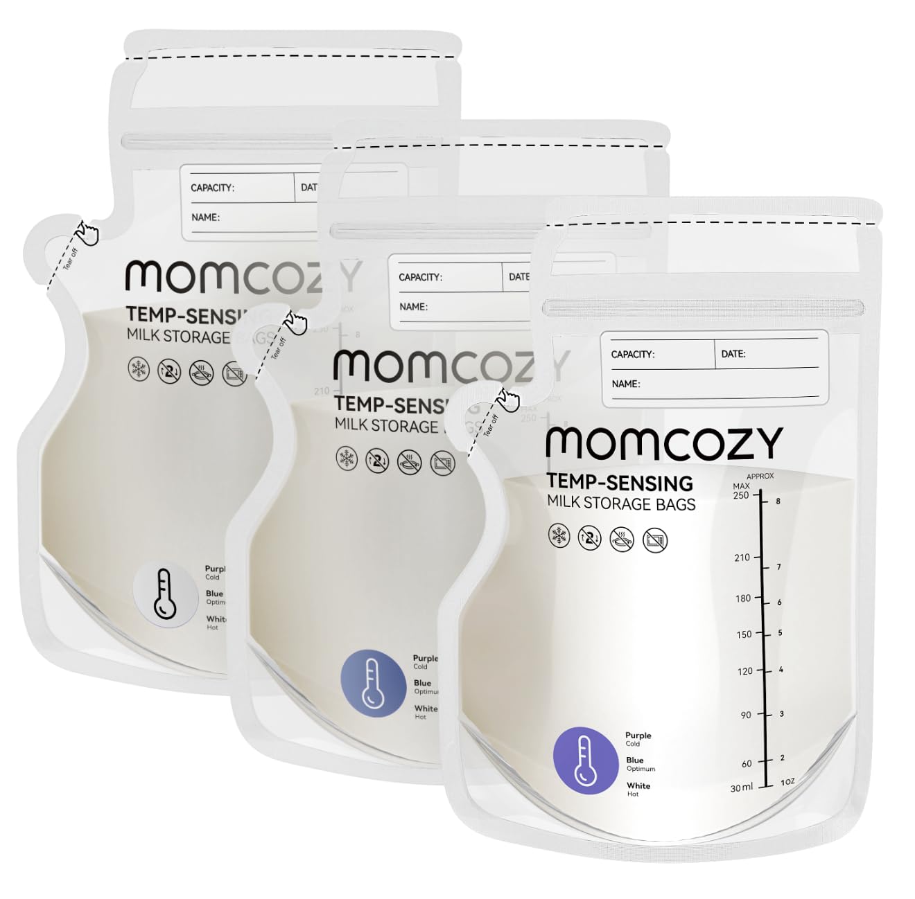 Momcozy 8oz Breastmilk Storage Bags showing temp-sensing color indicator and side spout