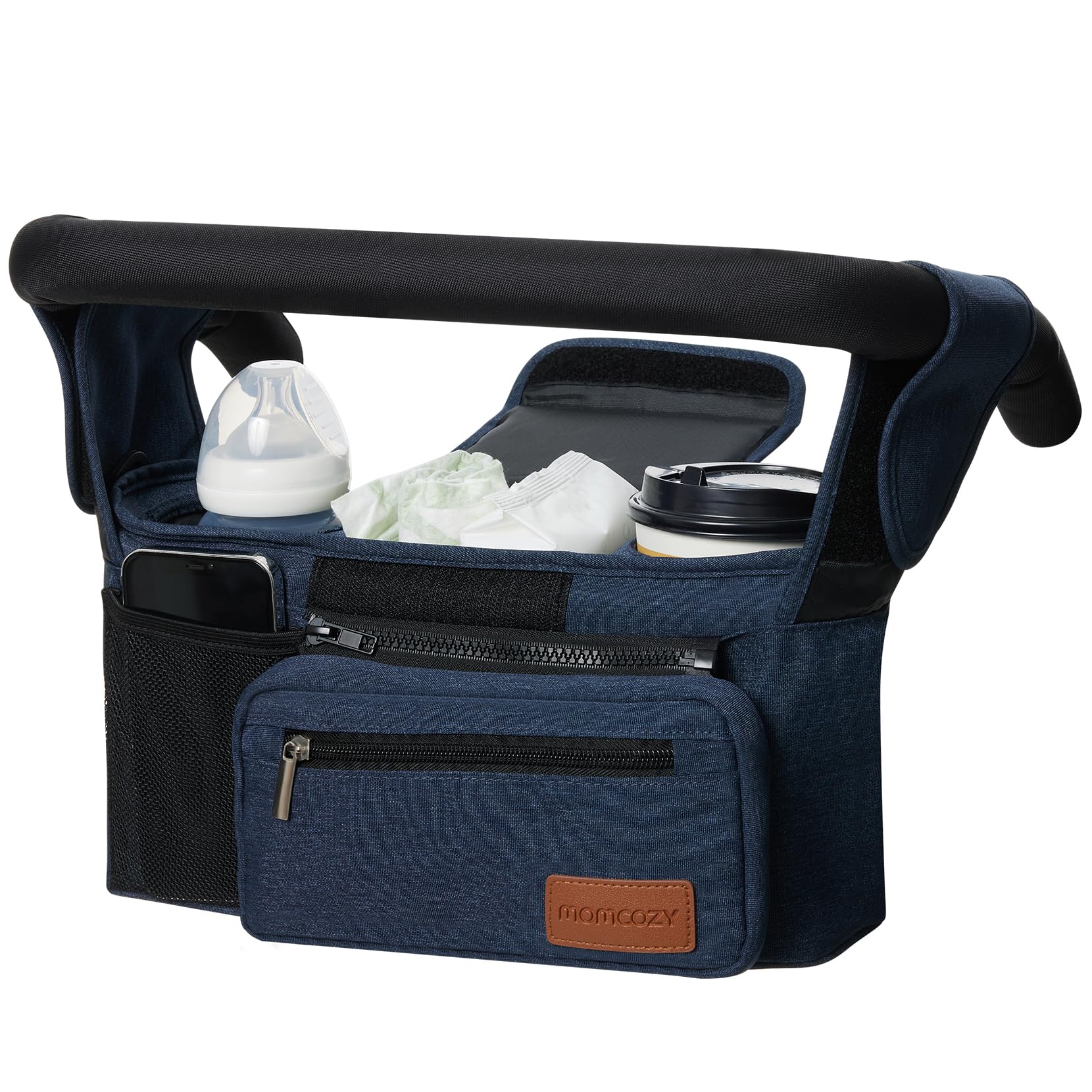 Momcozy Universal Baby Stroller Organizer attached to stroller handlebar with multiple compartments visible