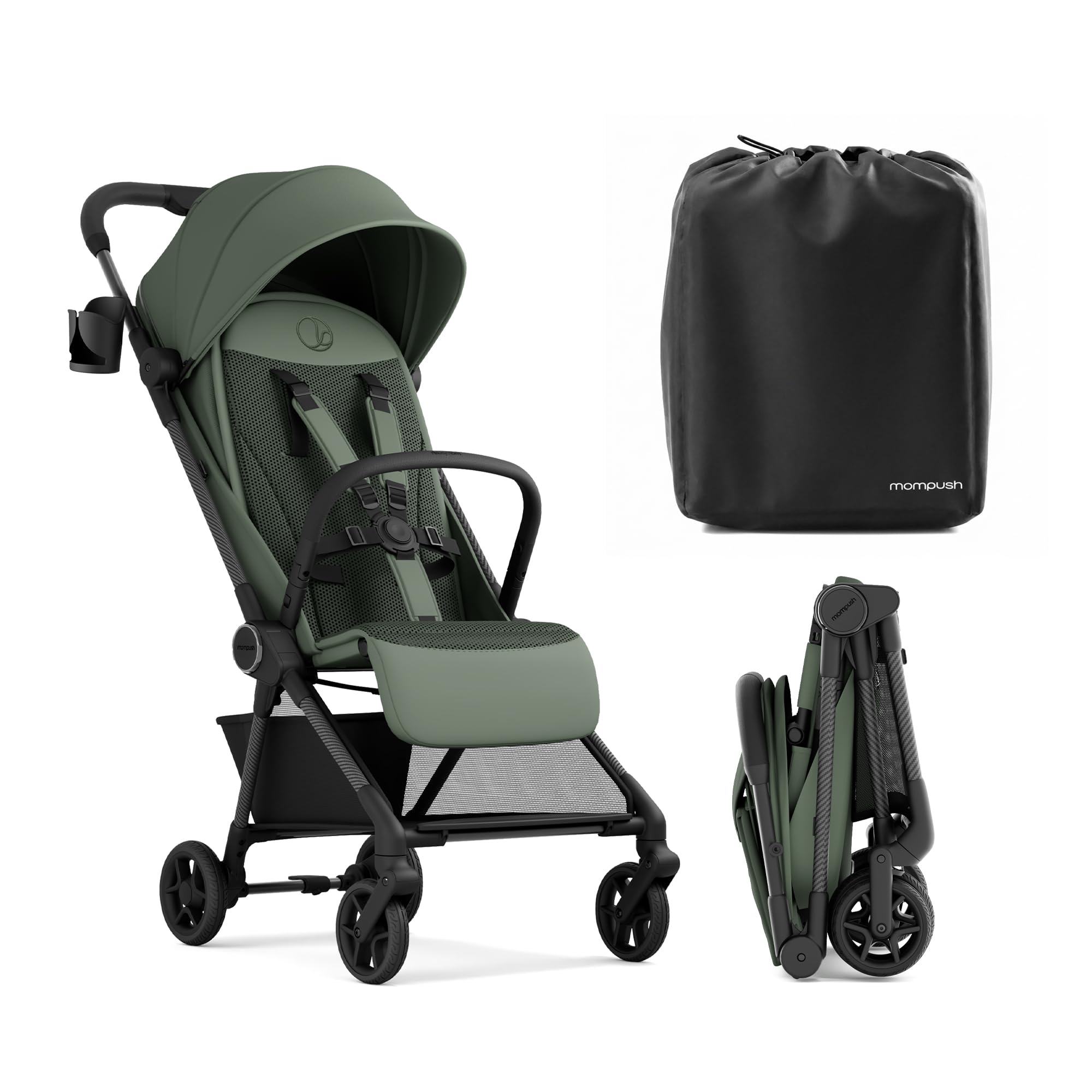 Mompush Nexis carbon fiber travel stroller with auto-fold and shoulder strap