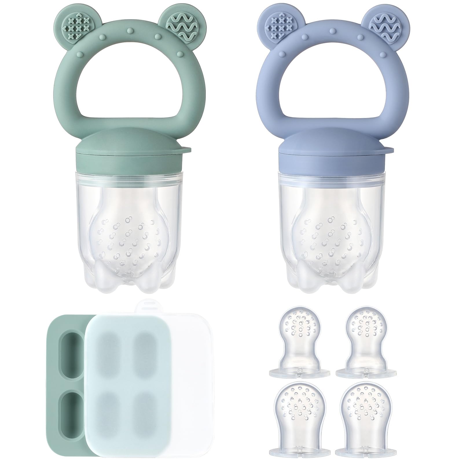 POIKSHARK silicone baby fruit feeder with multiple teats and freezer tray for safe infant feeding and teething relief
