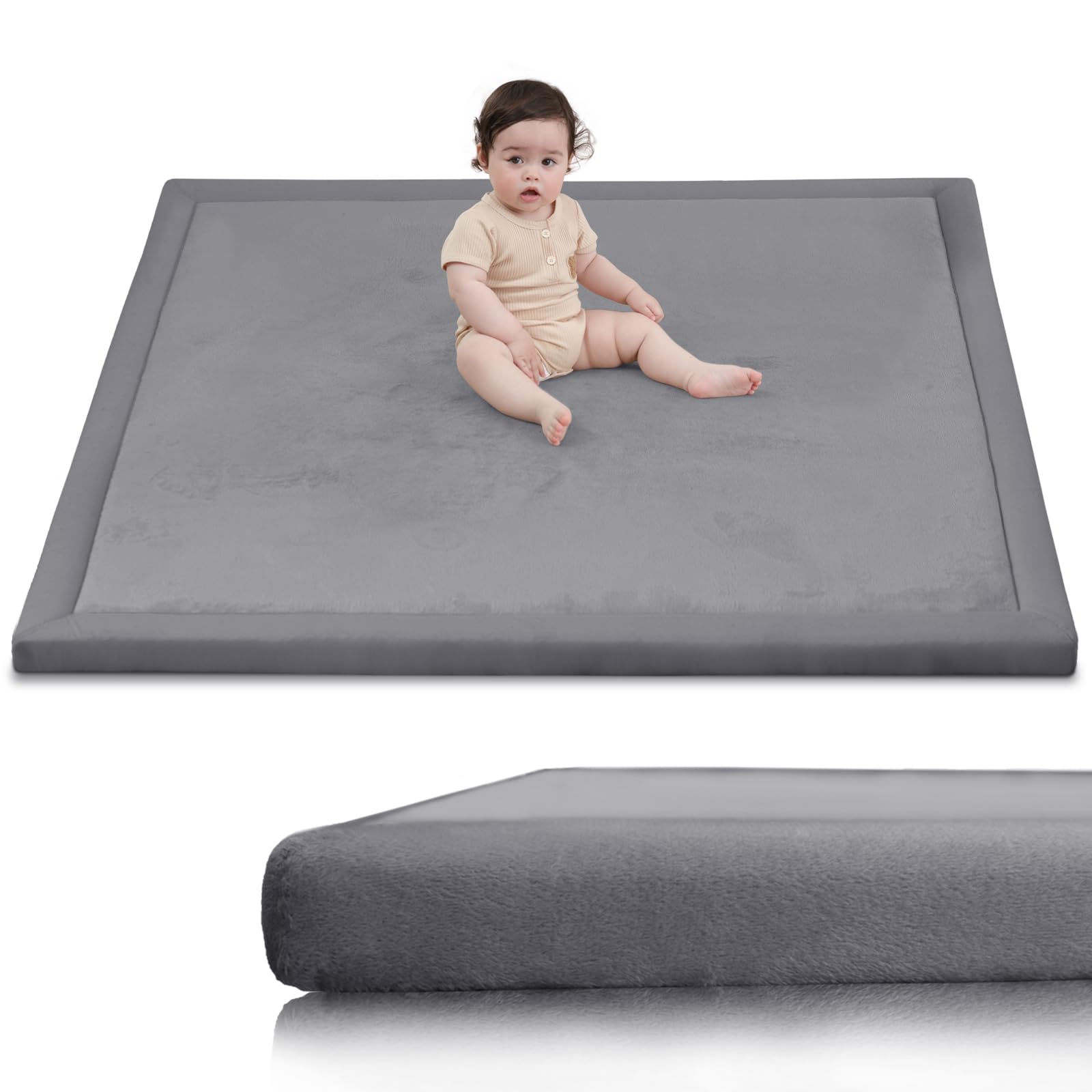 Huloo Sleep 50x50 inch dark grey baby play mat with thick memory foam cushioning for crawling and tummy time
