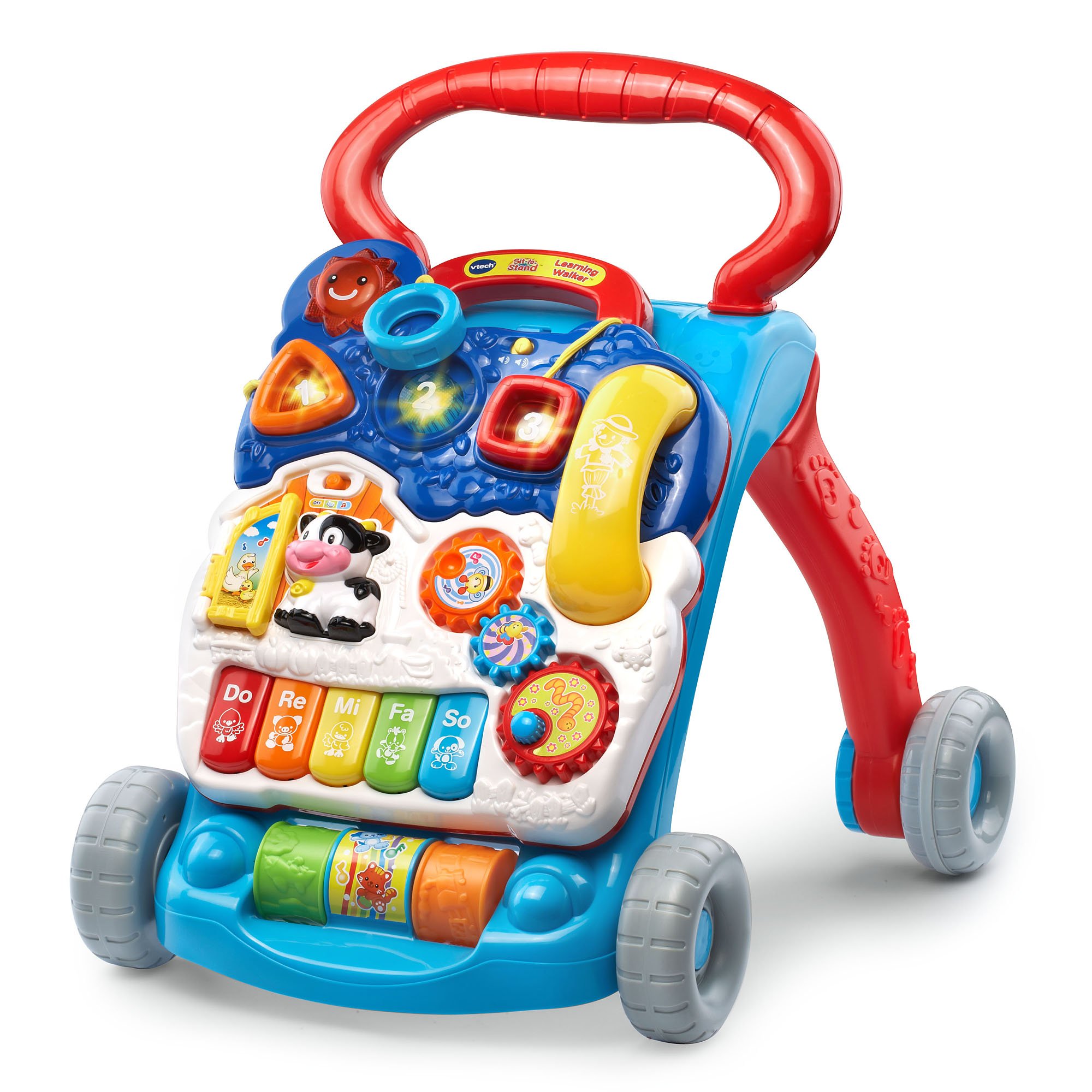VTech Sit-to-Stand Learning Walker in blue with piano keys and phone toy
