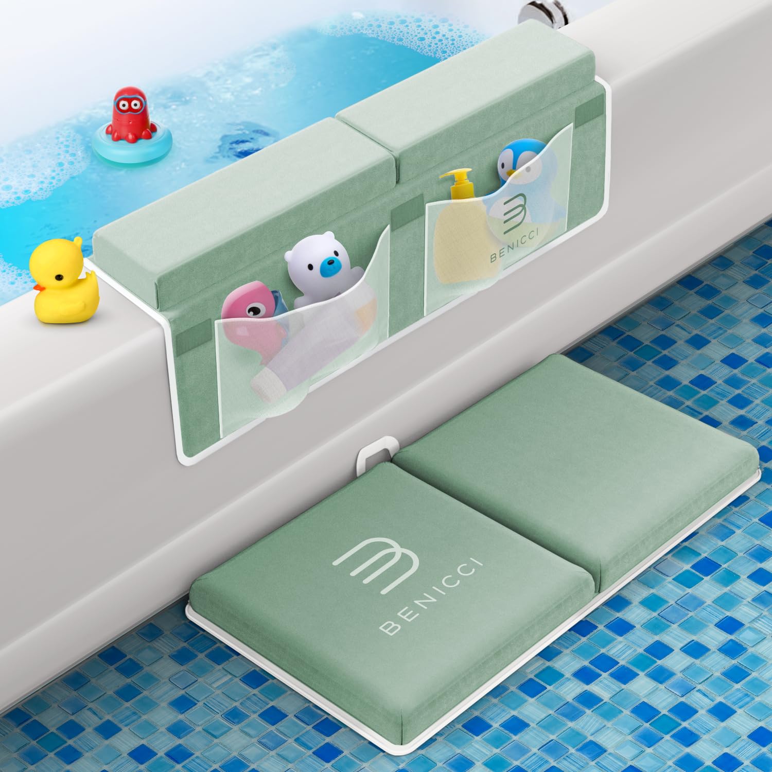 Green bath kneeler and elbow rest pad with storage pockets for baby bath time