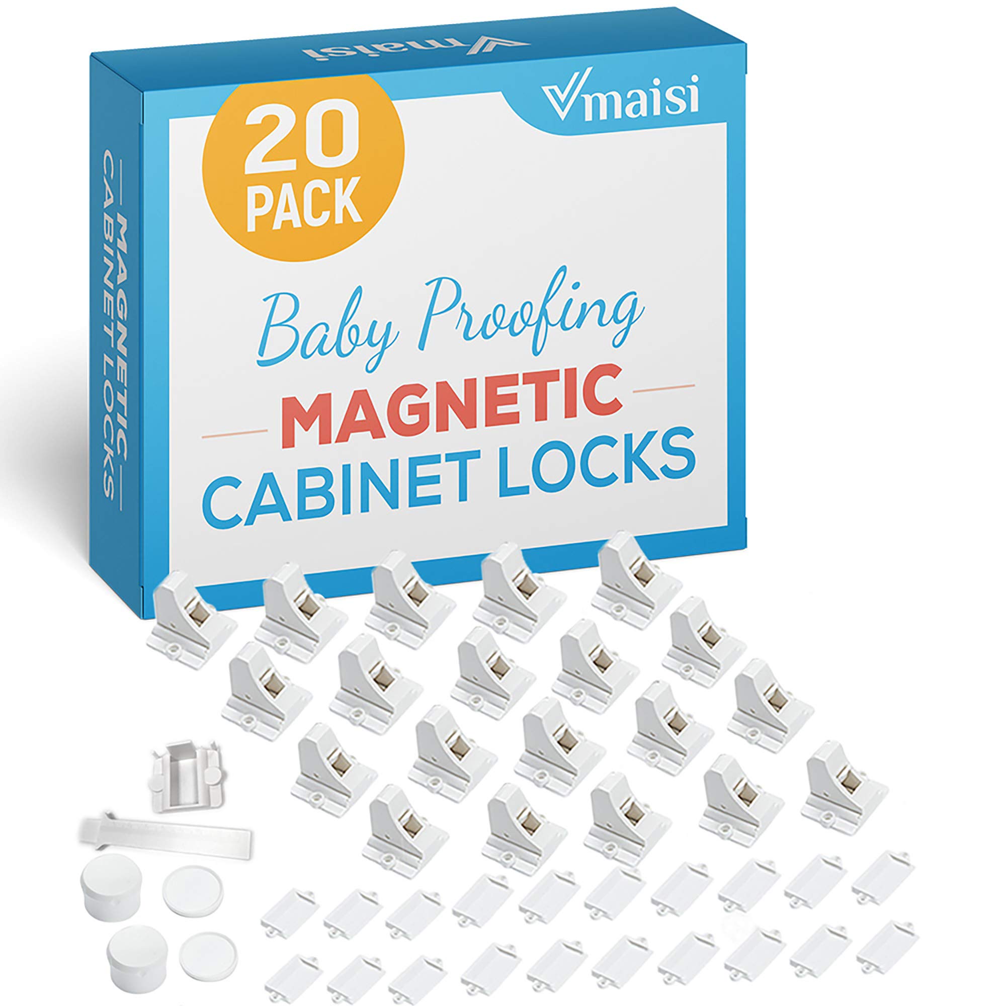 Vmaisi 20 Pack magnetic cabinet locks with keys for baby proofing drawers and cupboards
