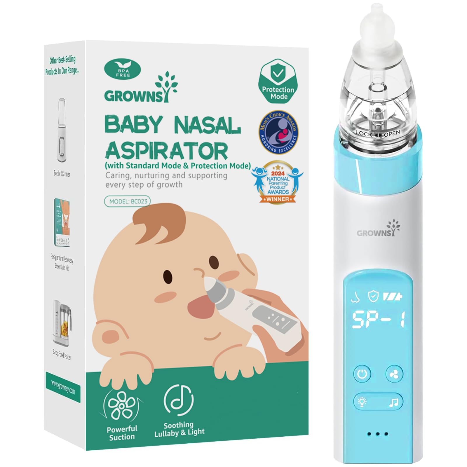 GROWNSY electric nasal aspirator with protection mode and silicone tips for babies