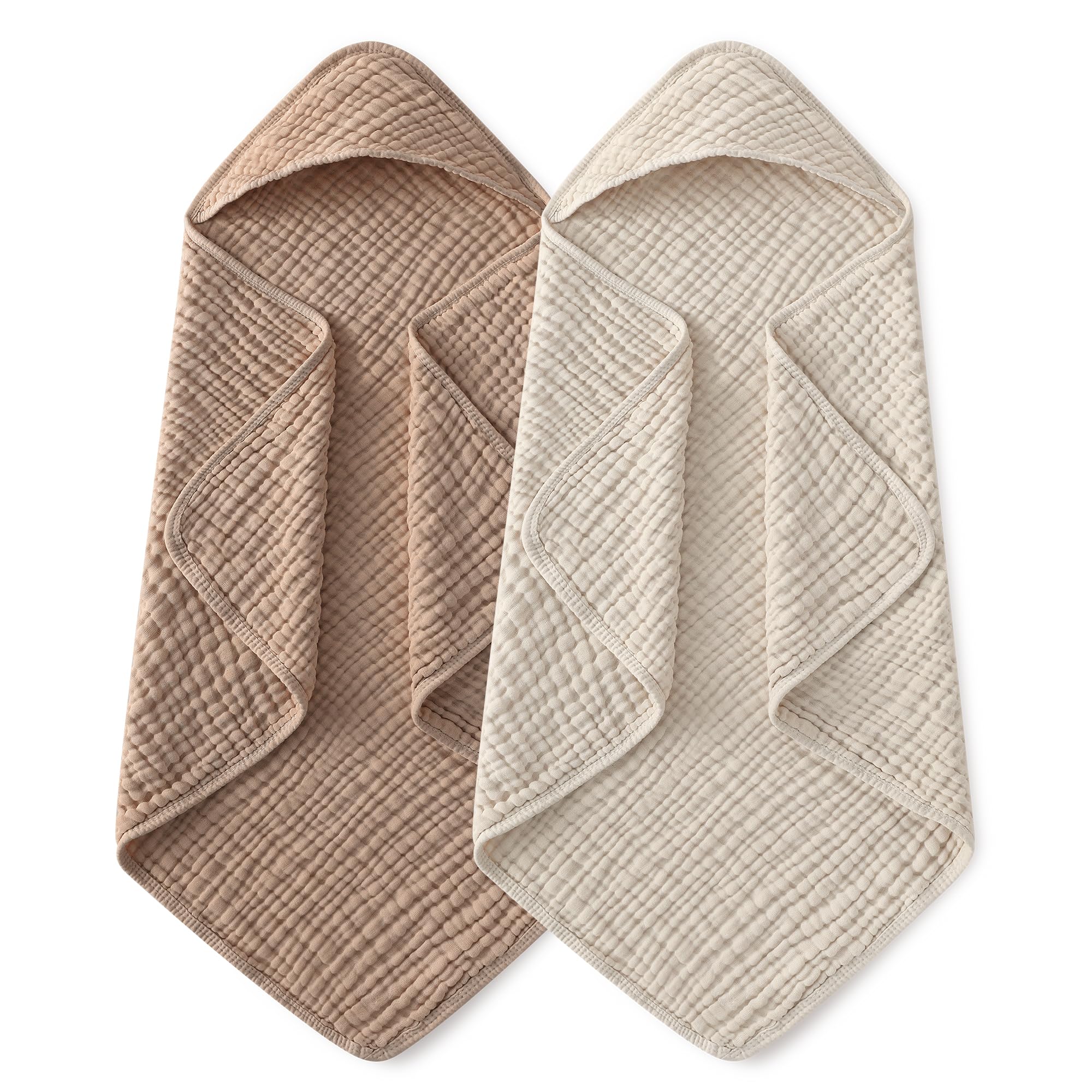 Yoofoss Hooded Baby Towels 2-pack in beige and coffee colors made from muslin organic cotton