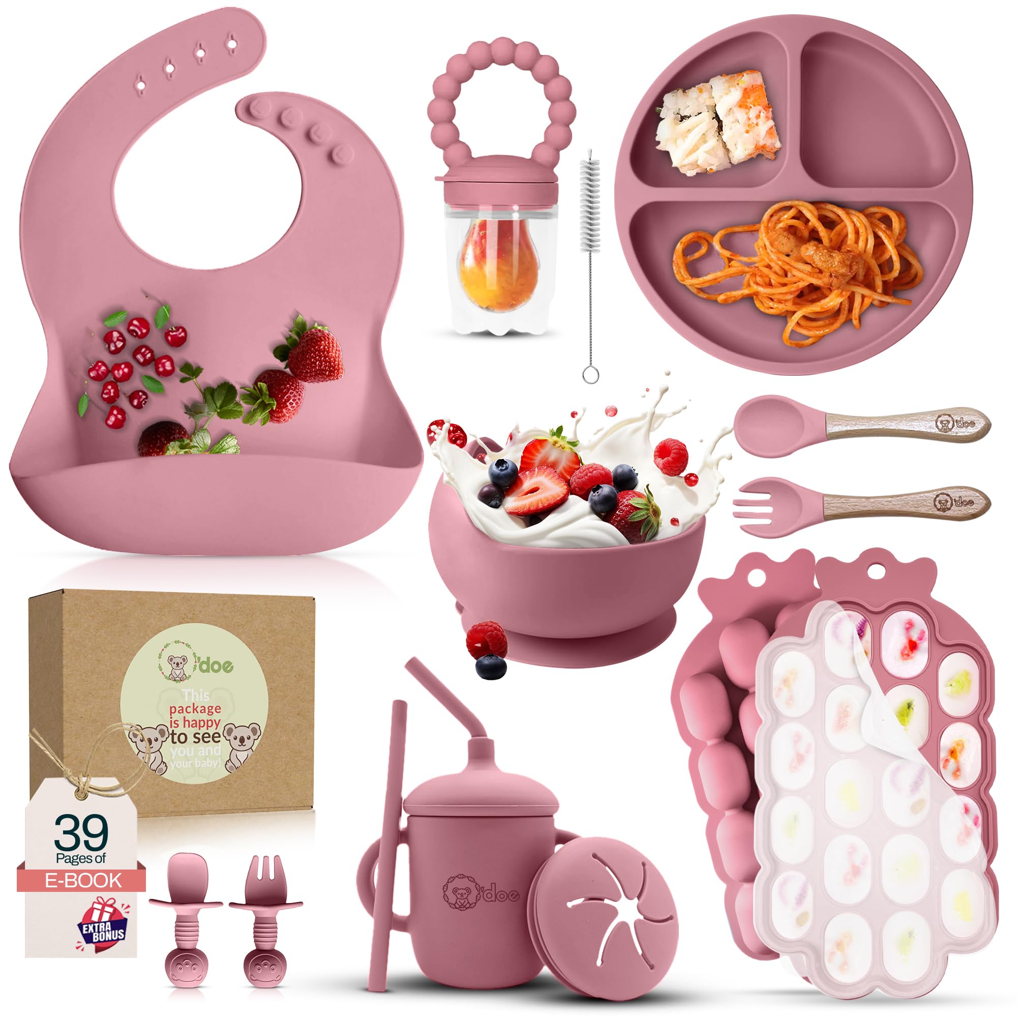 O'doe 15-piece silicone baby weaning set with suction plate, bowl, bib, and utensils