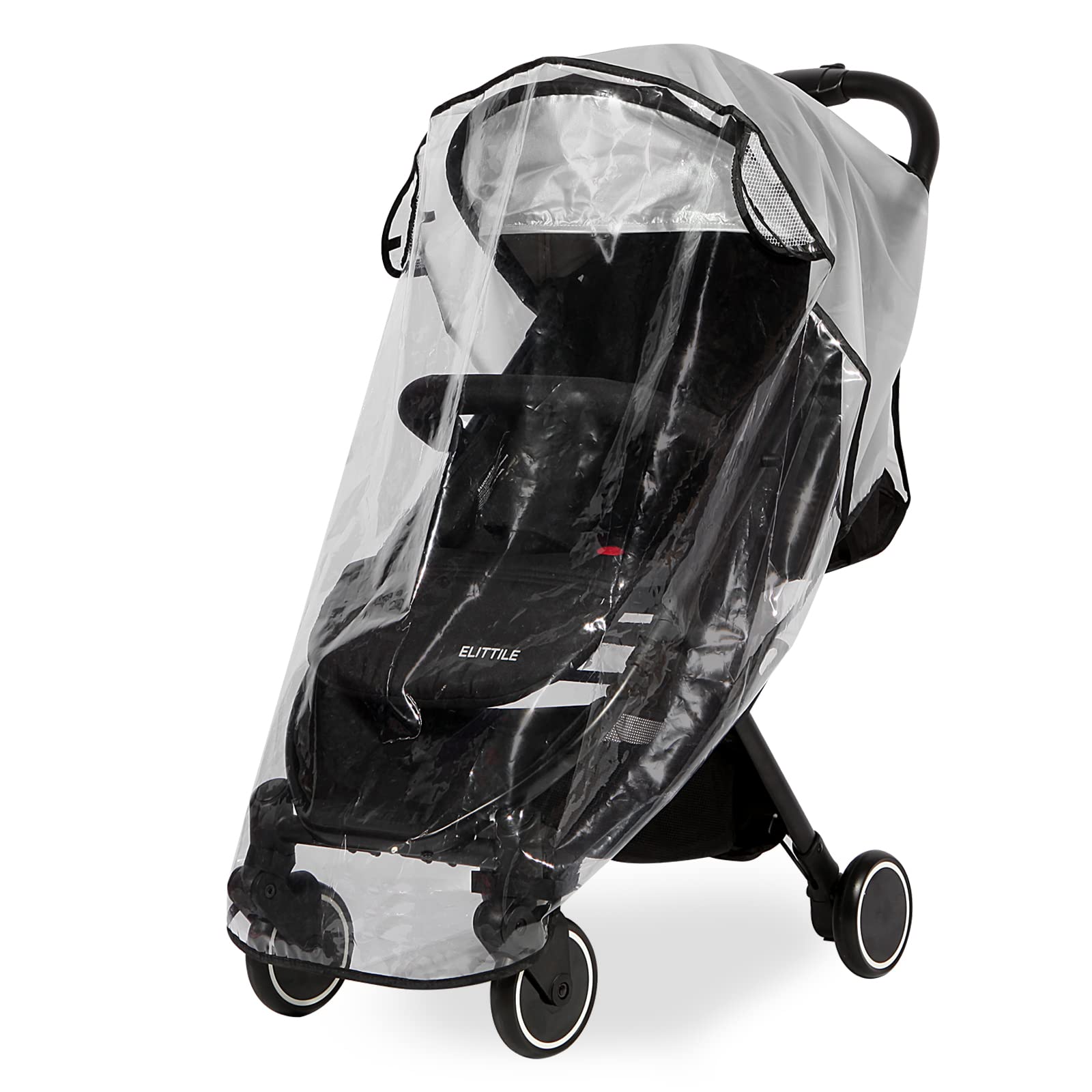 Clear stroller rain cover protecting baby from weather elements
