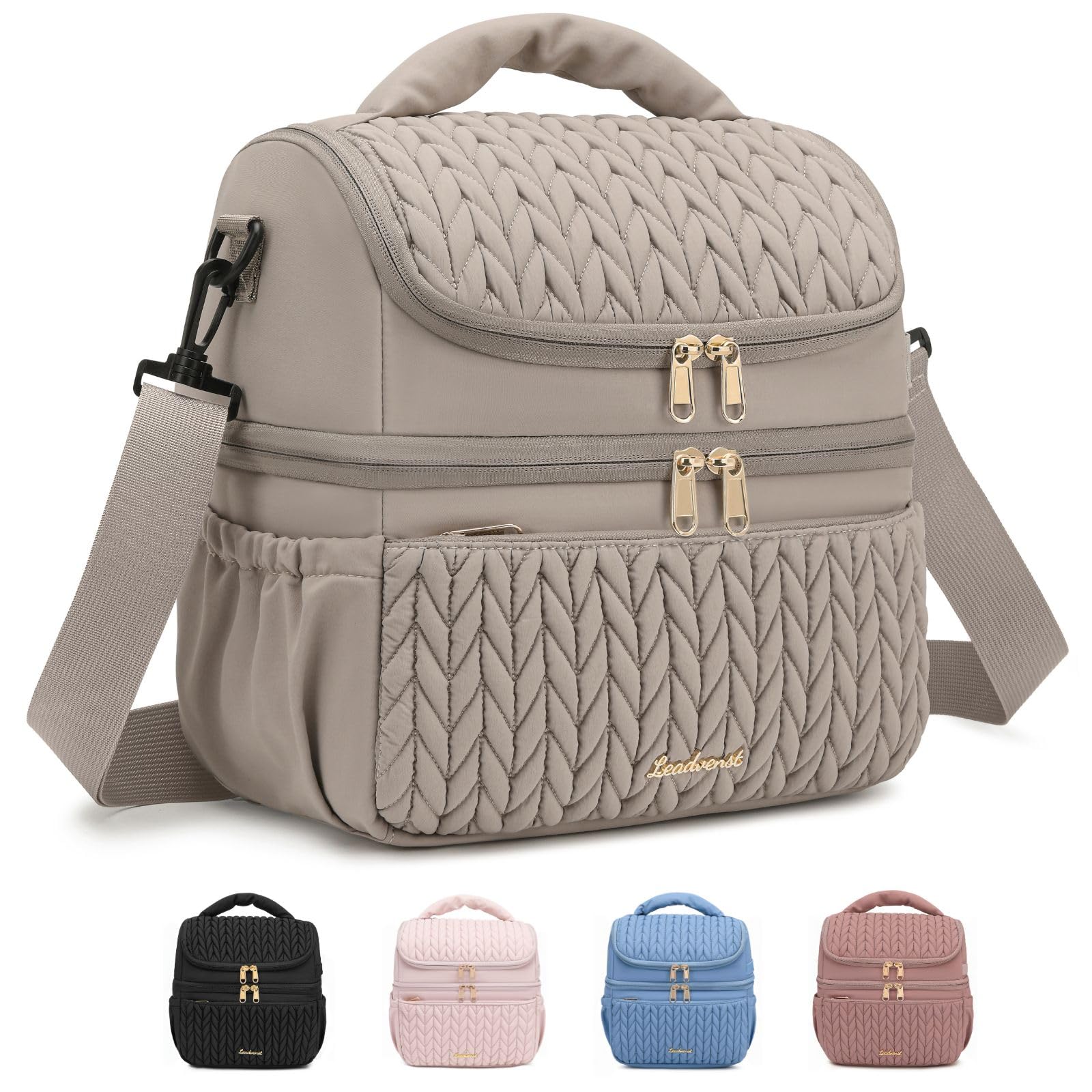Double decker insulated breast milk cooler bag with quilted design showing separate compartments for bottles and pump