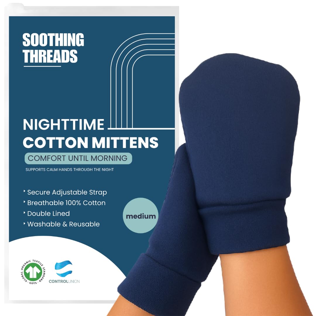 Navy blue organic cotton anti-scratch mittens for adults with secure adjustable wrist strap