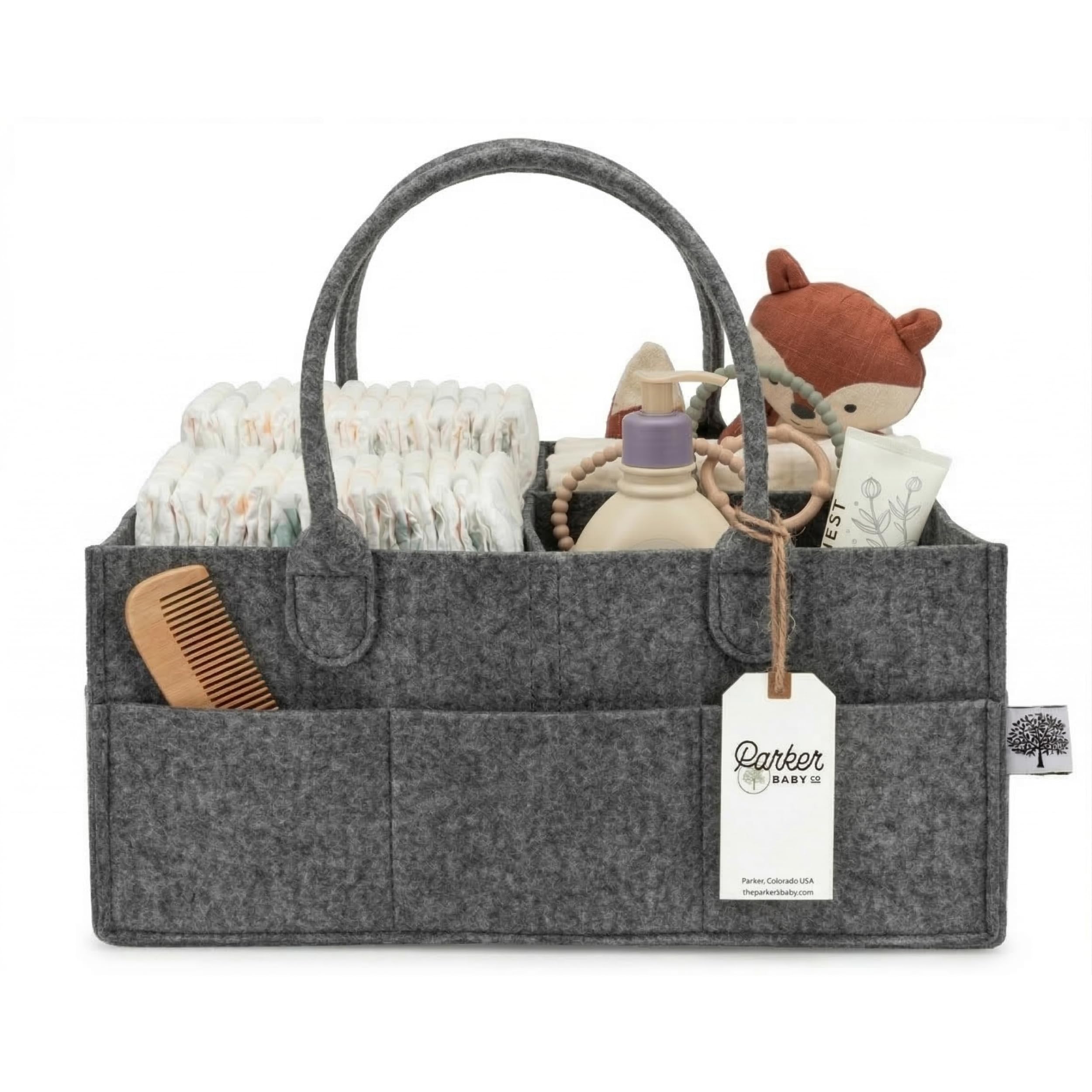 Parker Baby Co. Diaper Caddy in Charcoal Large size with storage compartments
