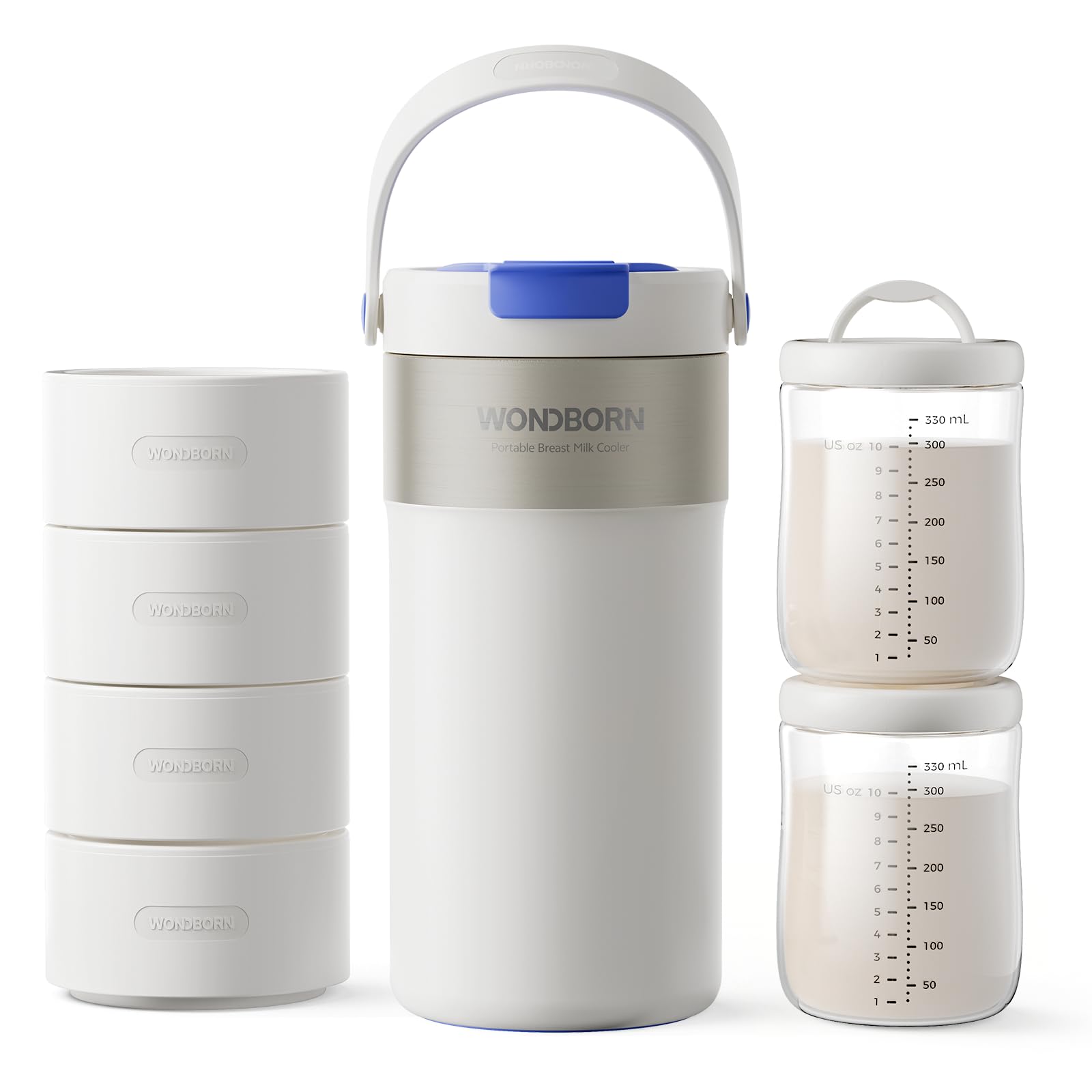 Vacuum-insulated breast milk cooler with four ice rings and dual bottles