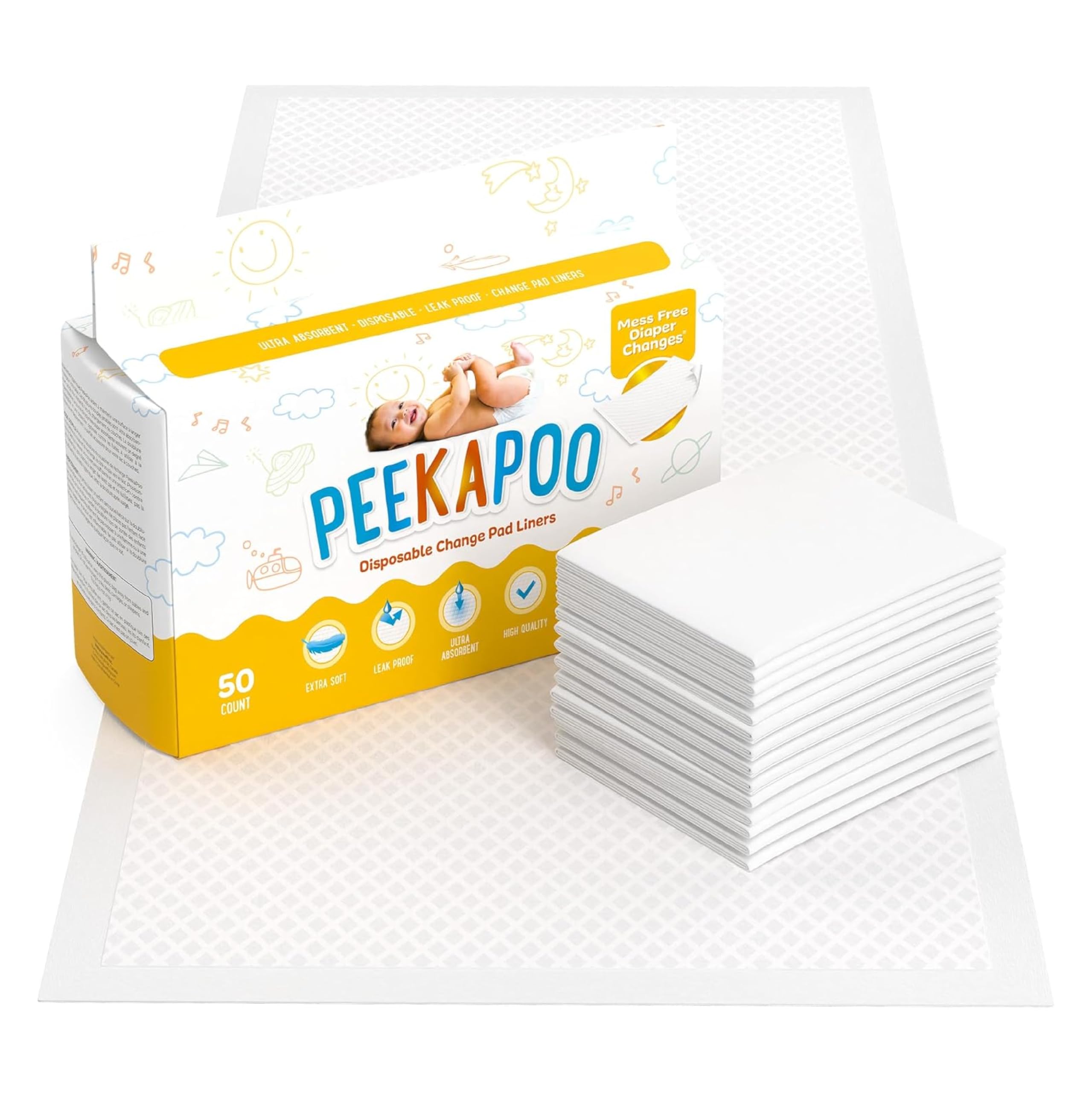 Peekapoo disposable baby changing pad liners 50 pack shown with packaging