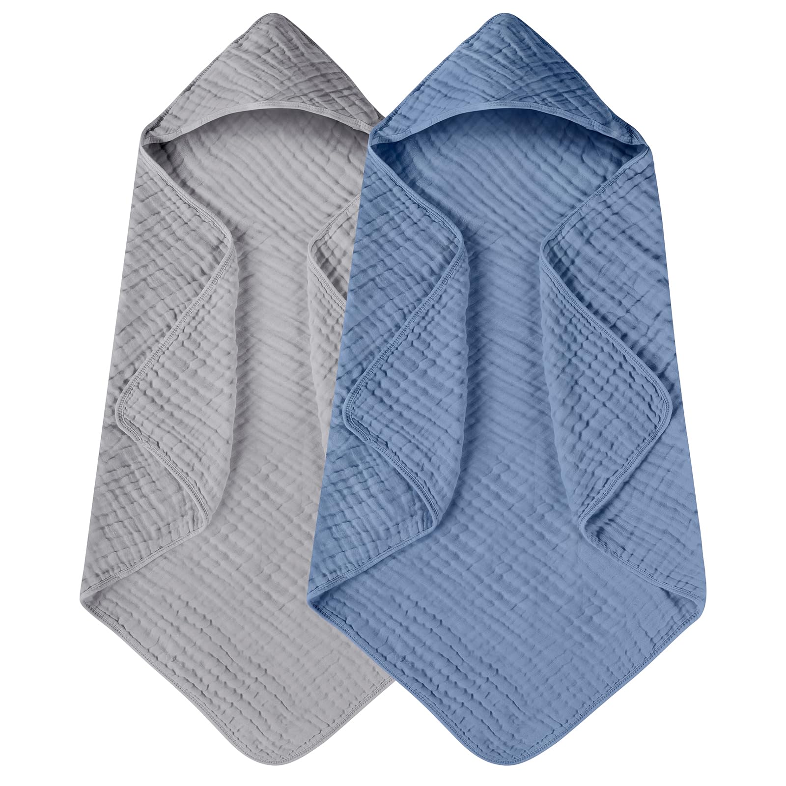 Yoofoss gray and dark blue muslin hooded baby towels, two-pack