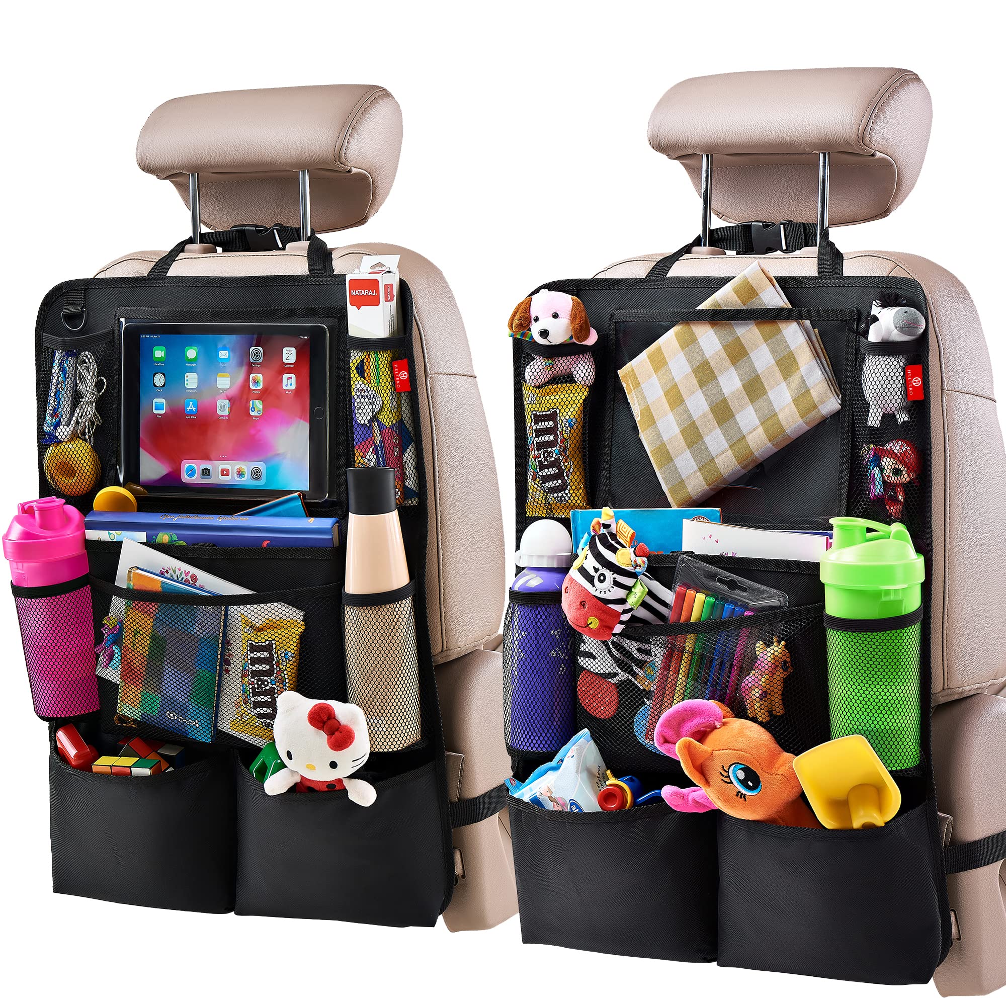 Helteko backseat car organizer attached to vehicle front seat showing multiple storage pockets and tablet holder