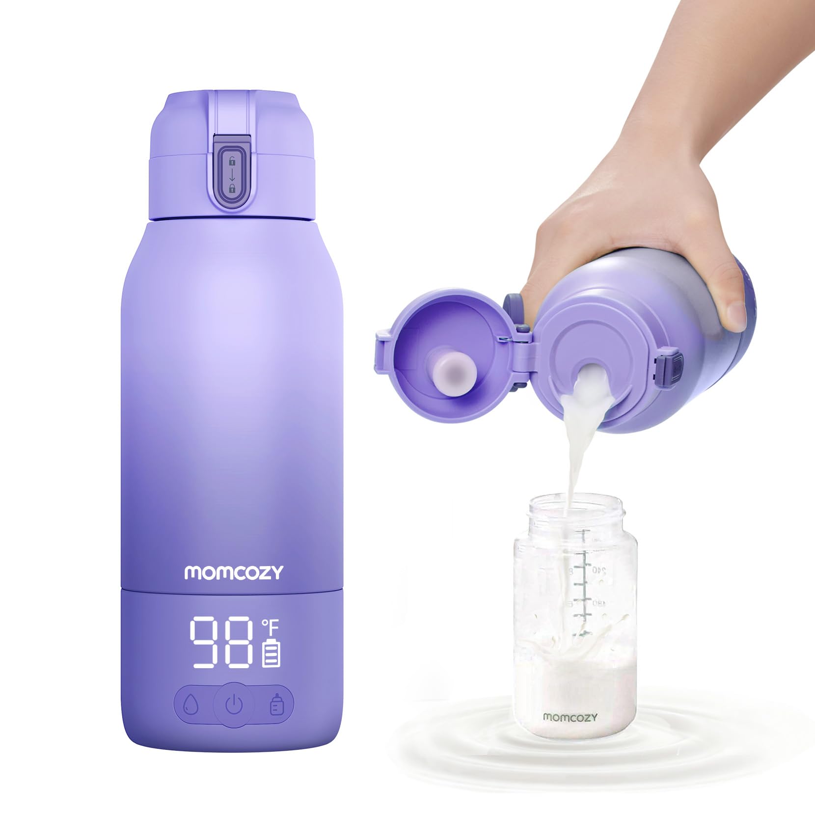 Momcozy Portable Bottle Warmer in purple with dual heating modes and leak-proof lid