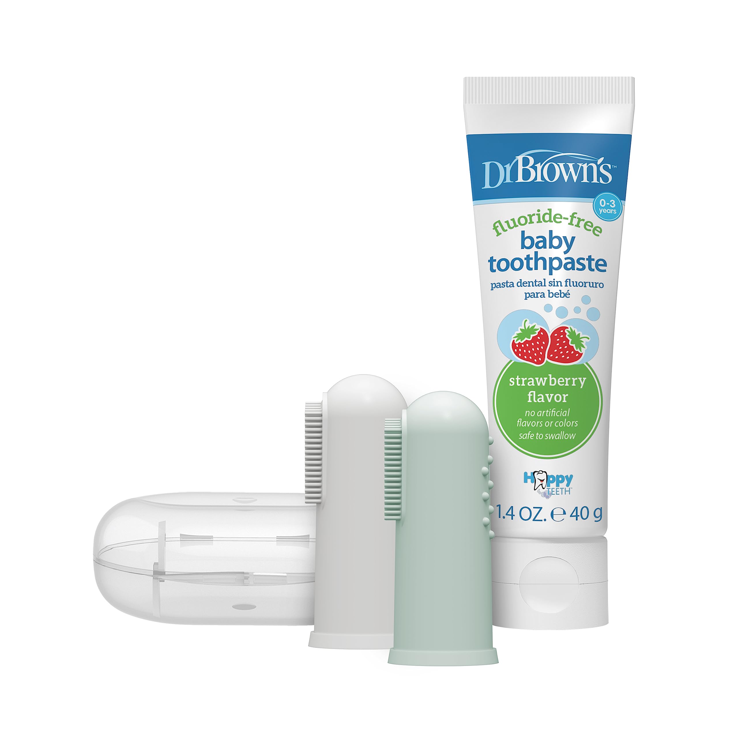 Dr Brown's silicone baby finger toothbrush with storage case and fluoride-free toothpaste