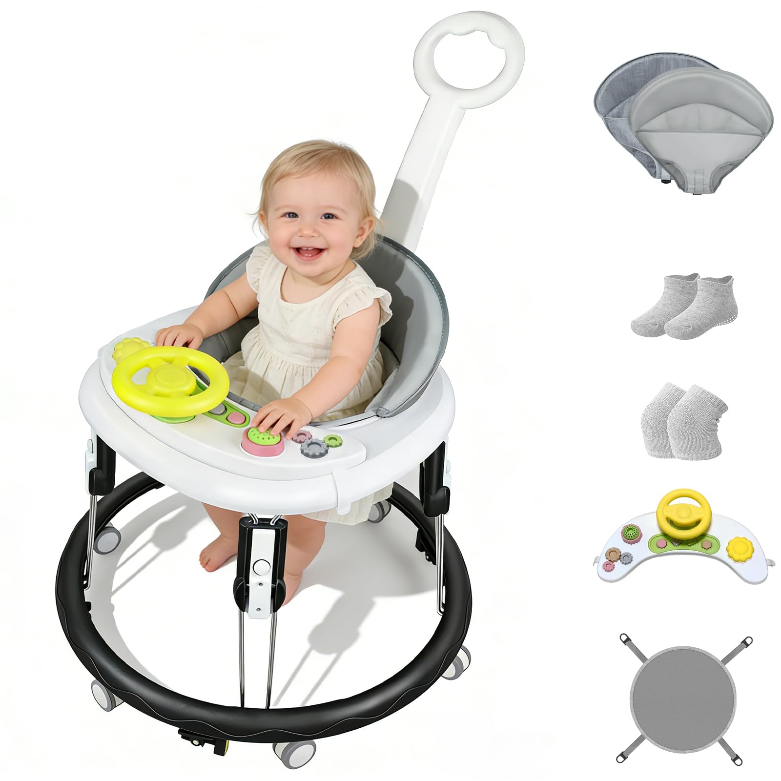 CROSDE foldable baby walker with music tray and adjustable height settings for toddlers