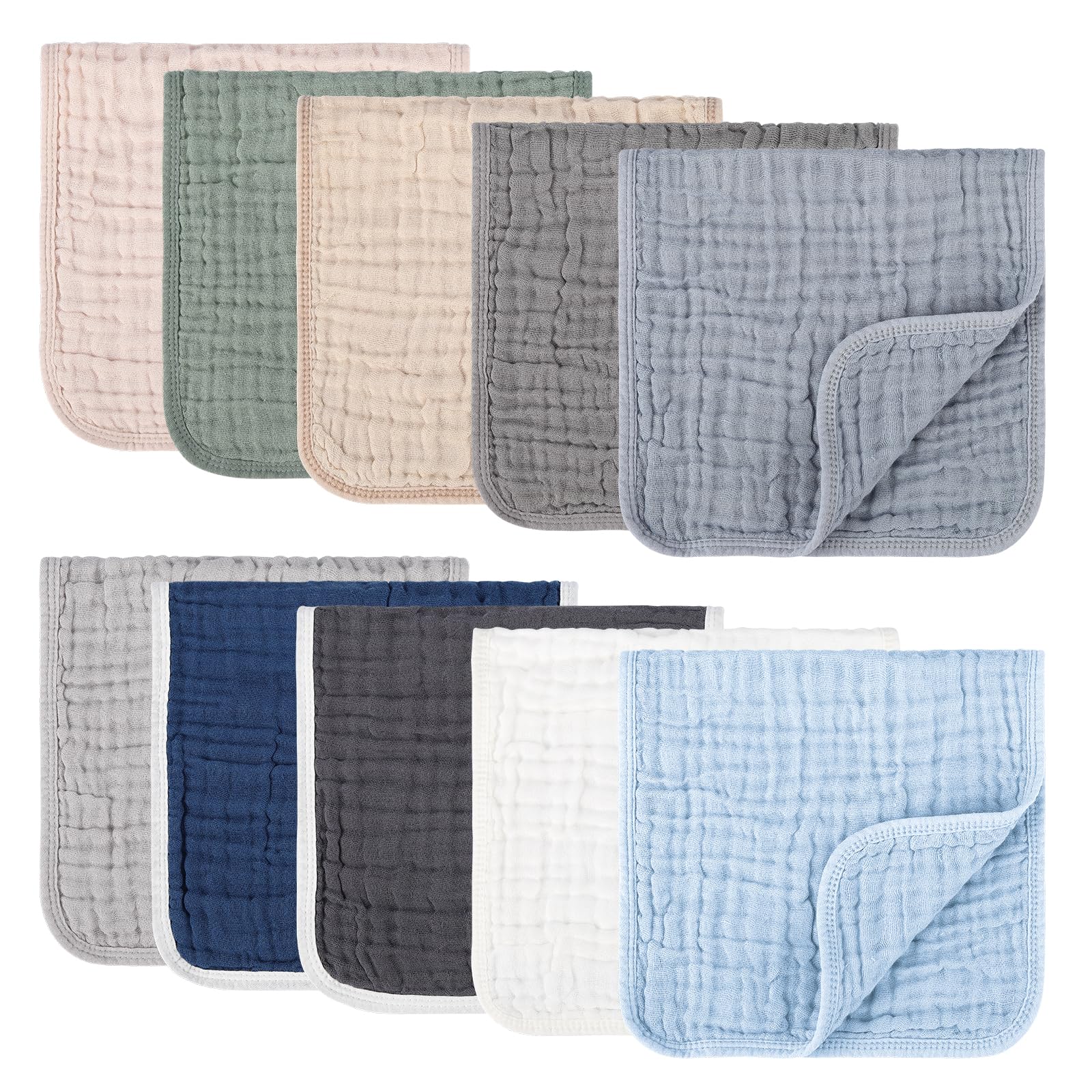 Ten mixed neutral color muslin burp cloths arranged on white surface
