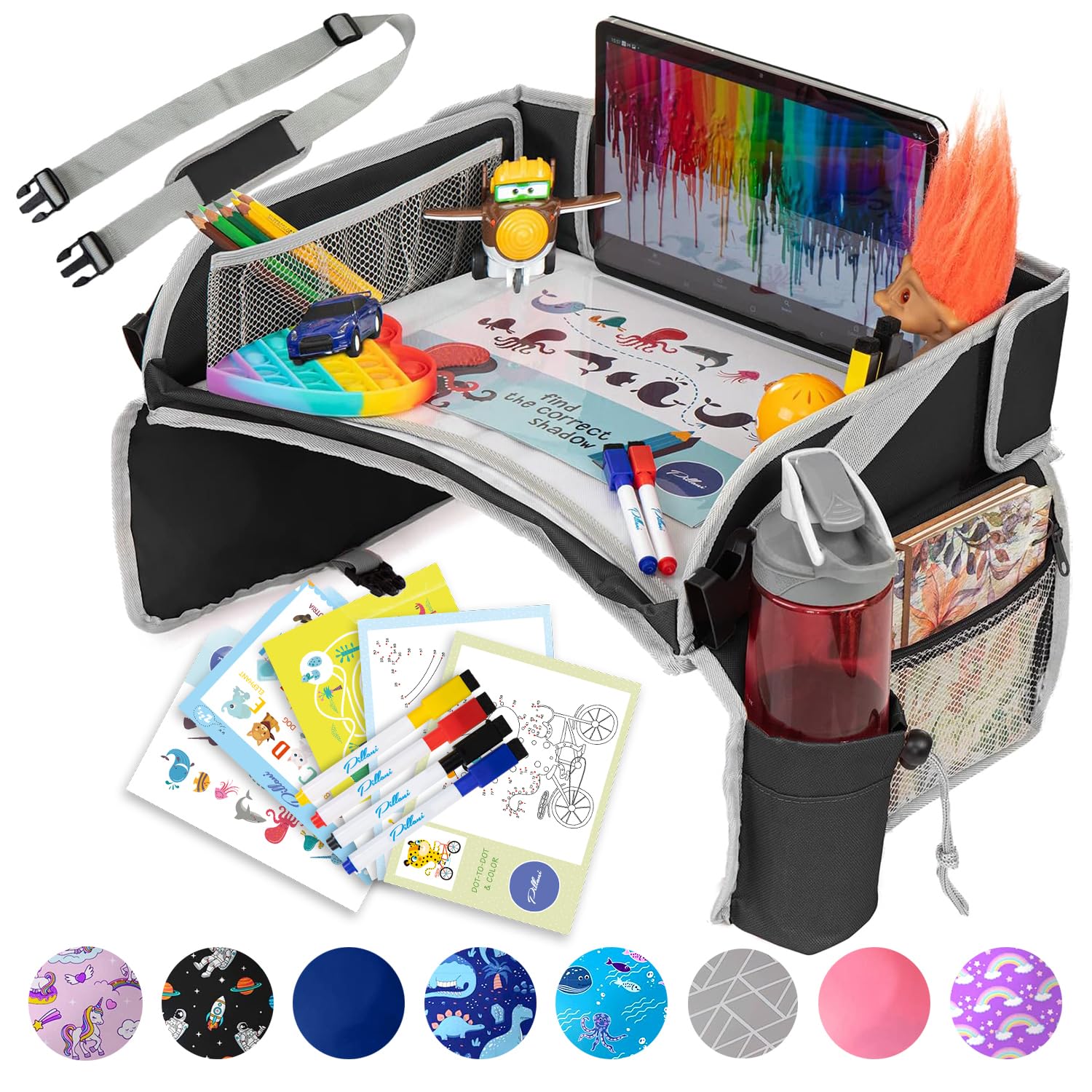 Kids travel tray with activity sheets and drawing surface for car seat entertainment