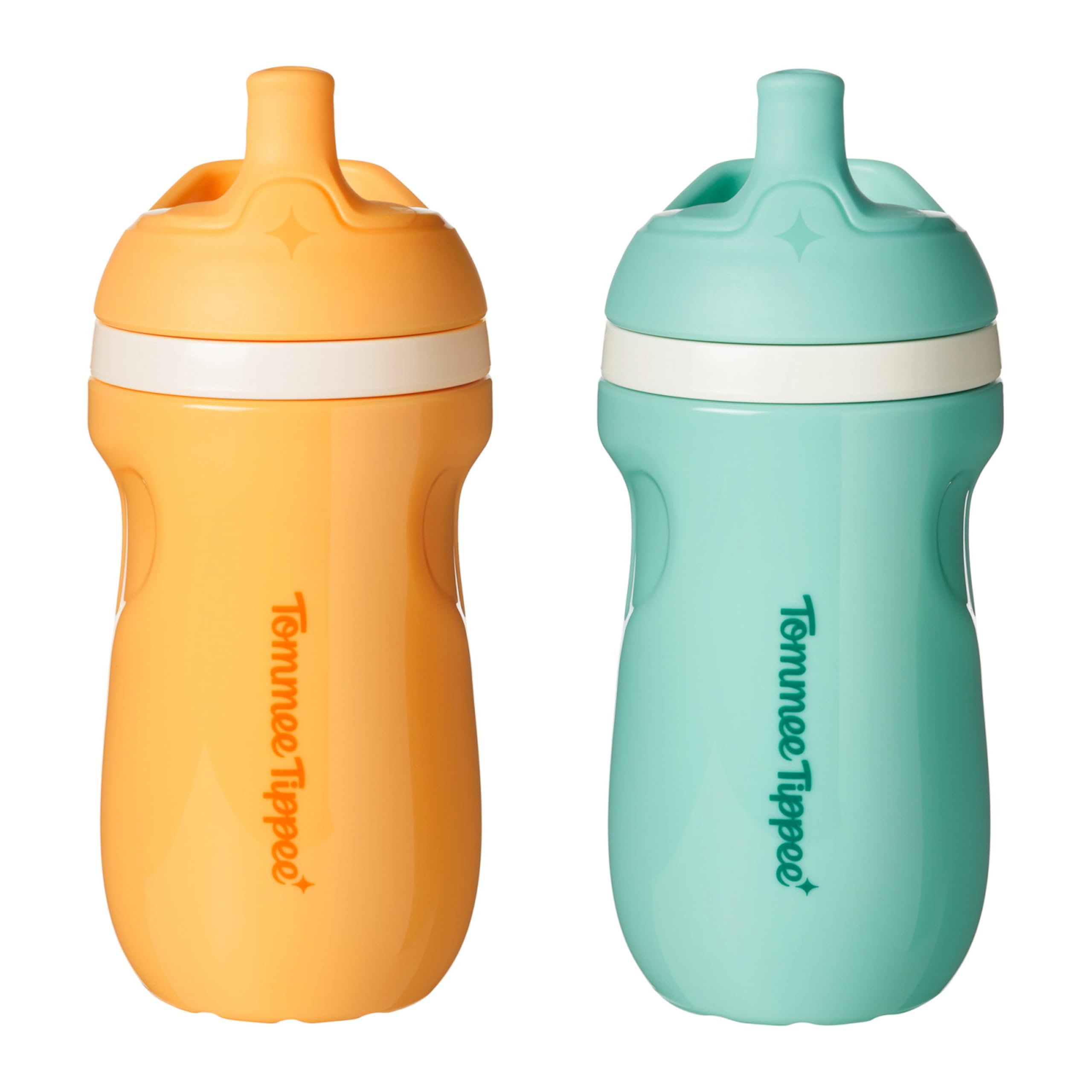 Tommee Tippee Insulated Sporty Spout toddler sippy cups in light blue and orange with two-piece spill-proof valve