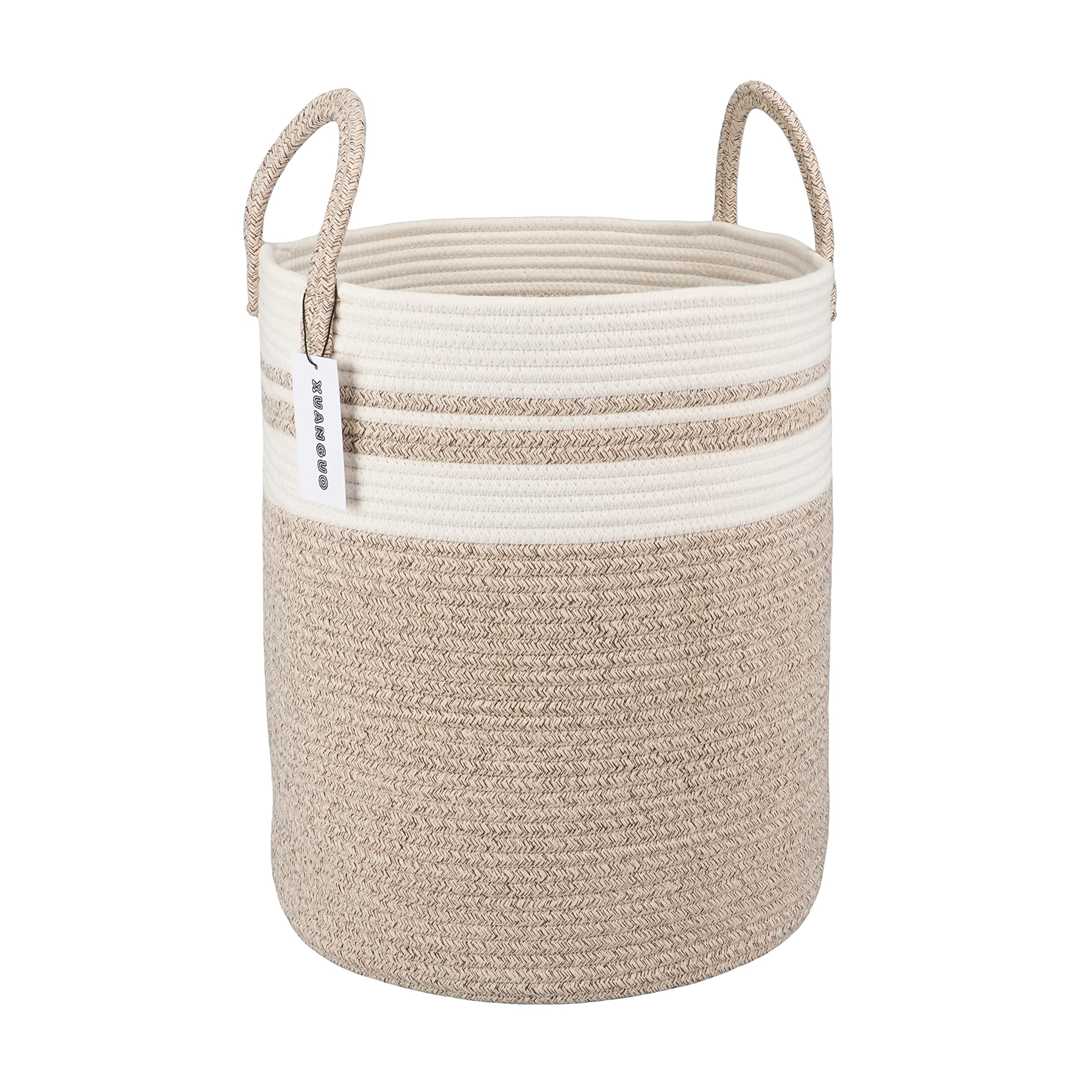 XUANGUO brown and white cotton rope nursery hamper standing upright in a boho-style room