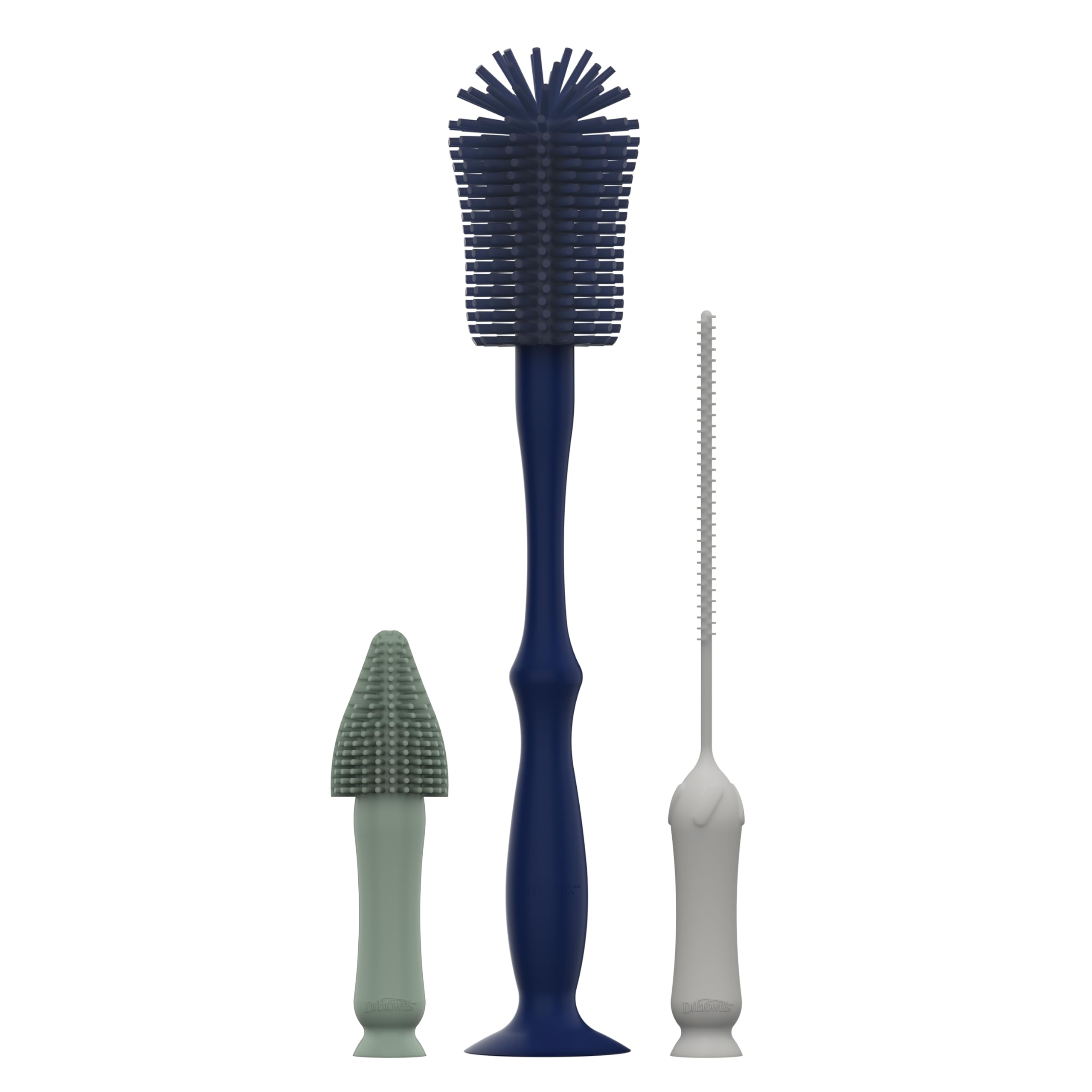 Dr. Brown's three-piece silicone bottle brush set with bottle, spout, and straw cleaning brushes