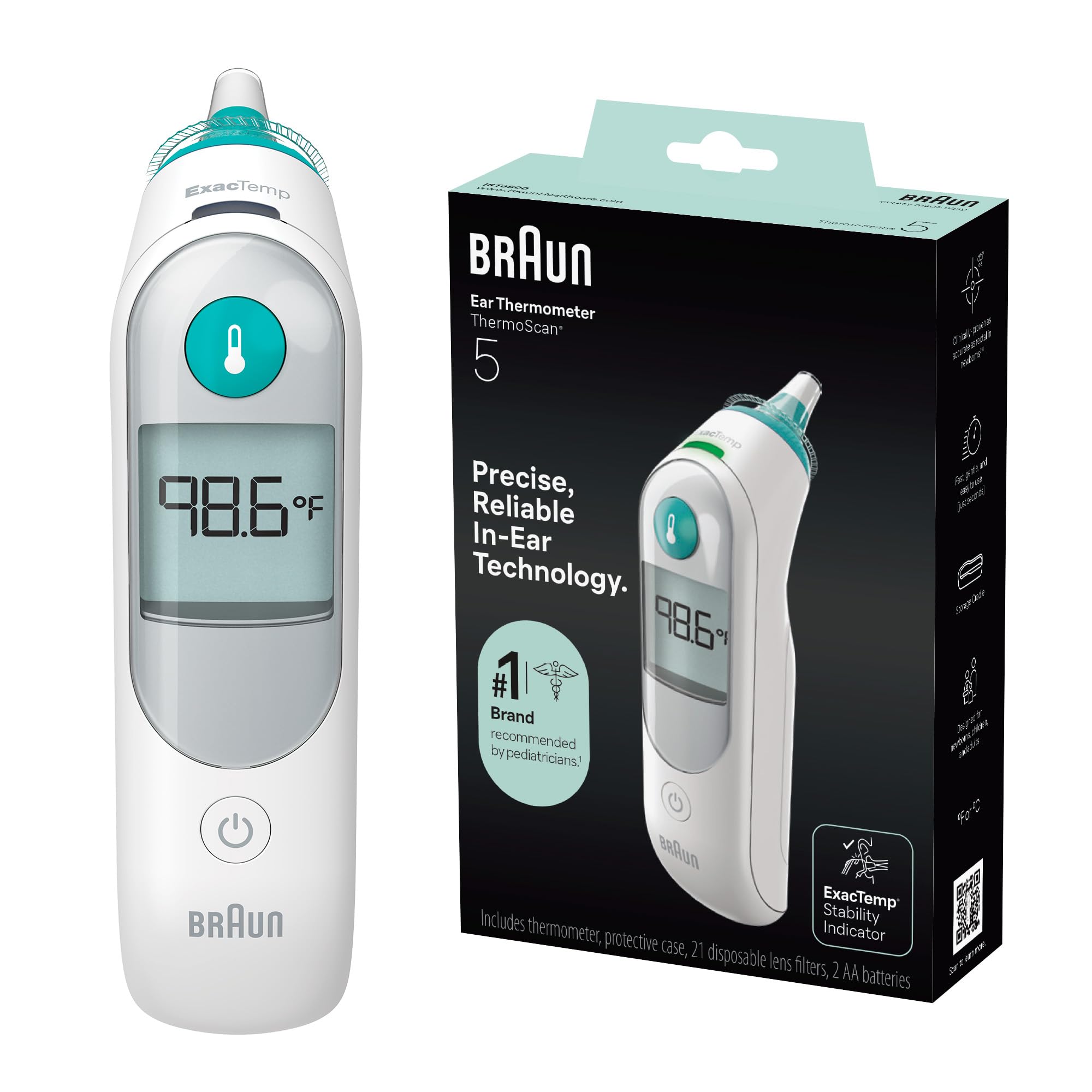 Braun ThermoScan 5 ear thermometer with digital display and hygiene caps