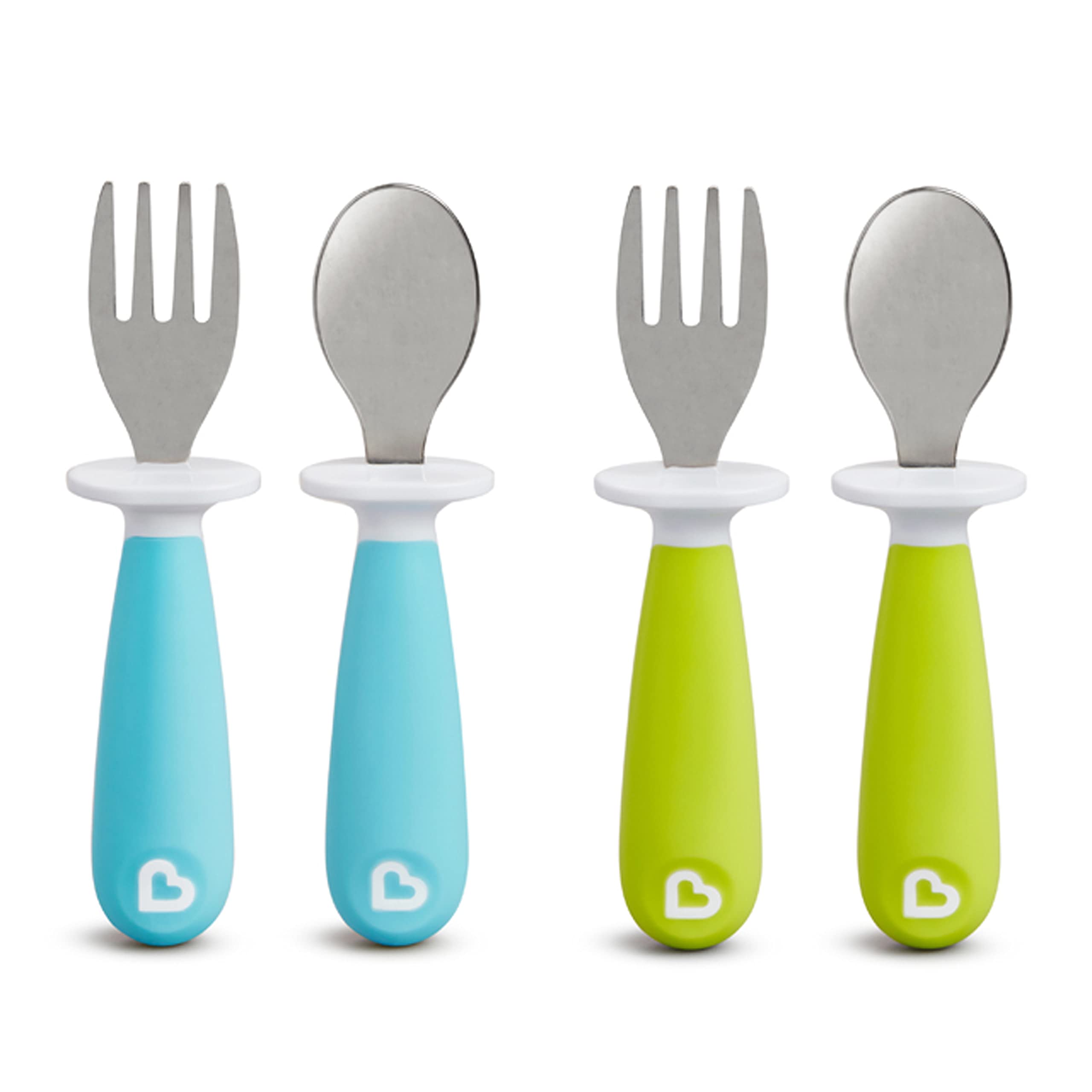 Munchkin Raise toddler fork and spoon set with elevated base in blue and green colors
