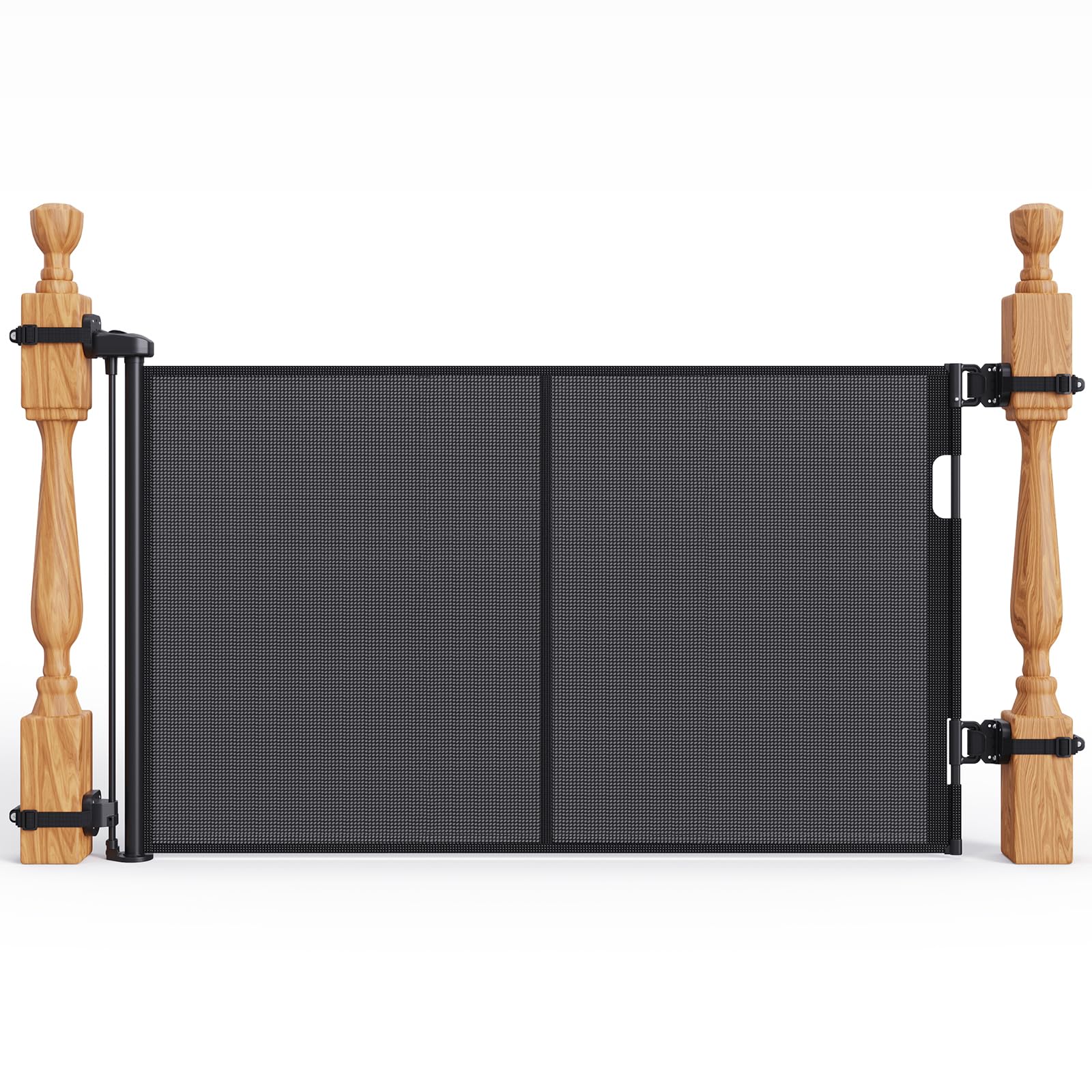 Bingguz retractable mesh baby gate installed on stairway banister