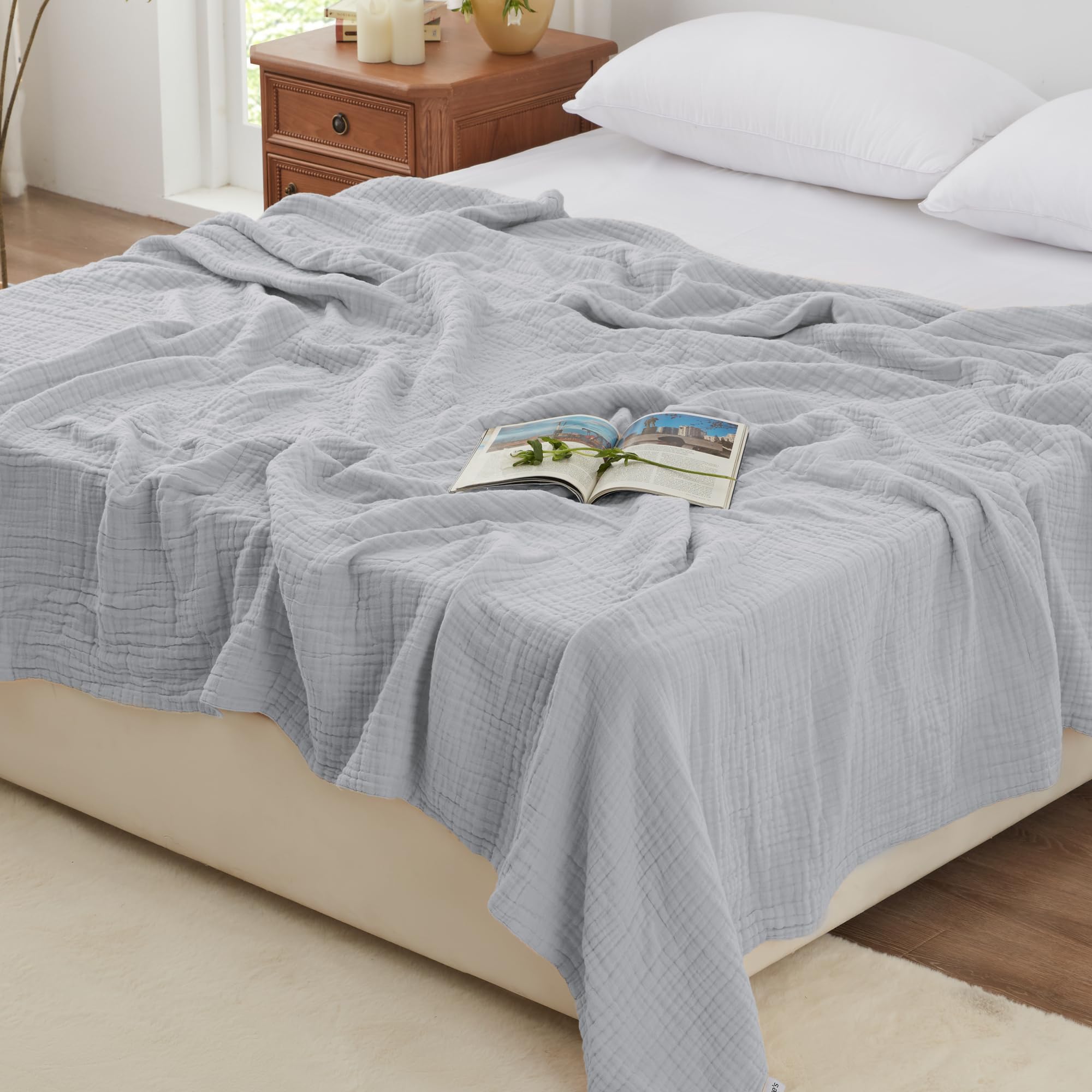 Love's cabin 6-layer cotton muslin king size blanket in light grey