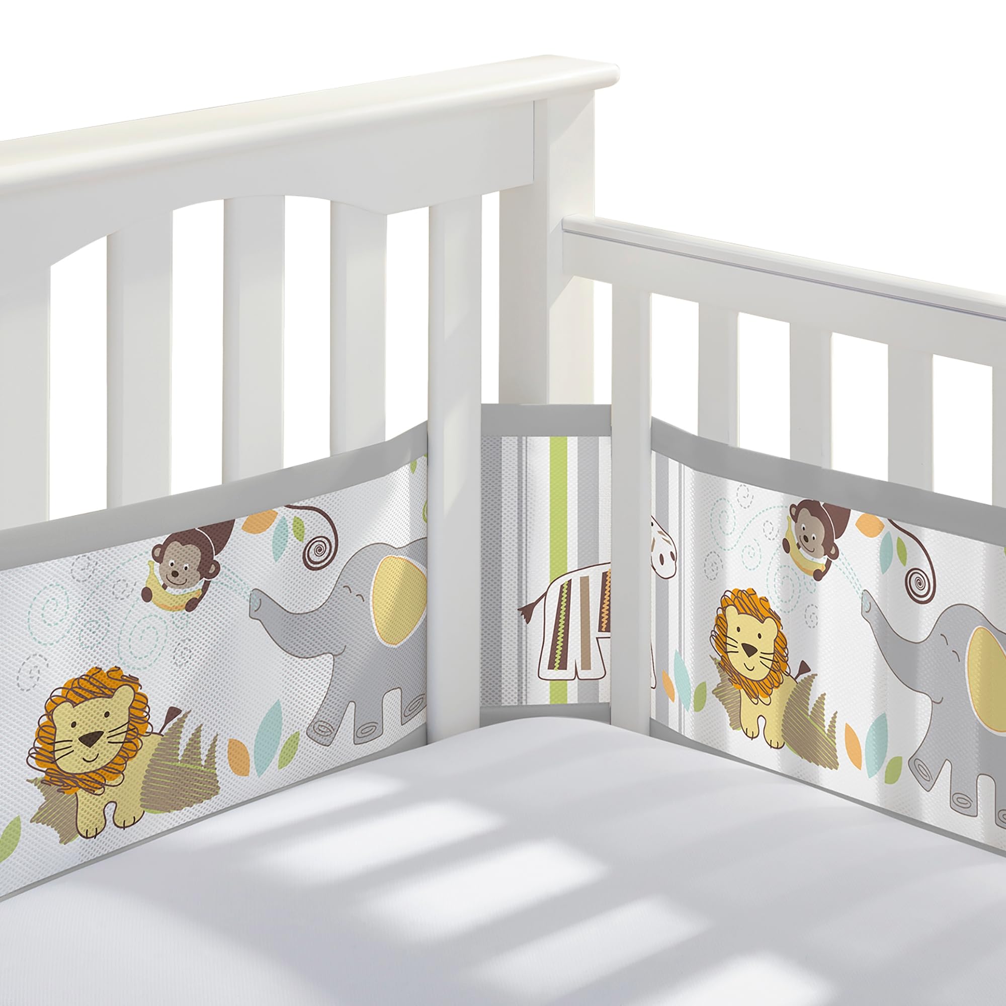 BreathableBaby mesh crib liner in Safari Fun Too pattern showing breathable fabric design