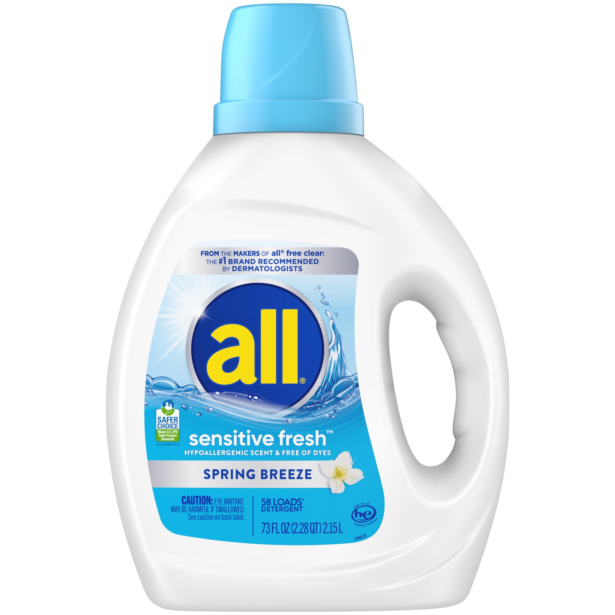 all Sensitive Fresh Liquid Laundry Detergent bottle showing hypoallergenic formula for sensitive skin