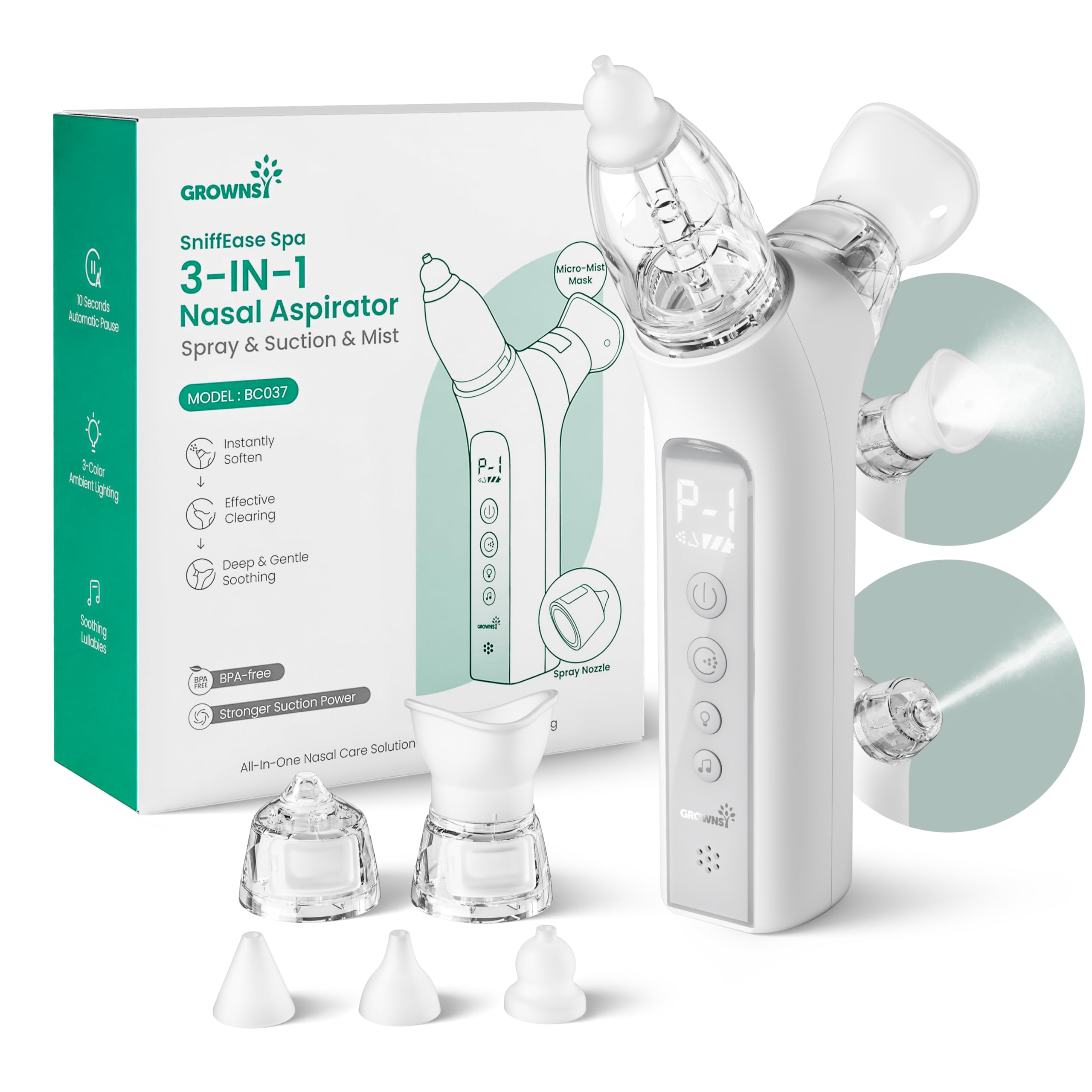 GROWNSY SniffEase Spa 3-in-1 nasal aspirator with spray, suction and mist functions in grey