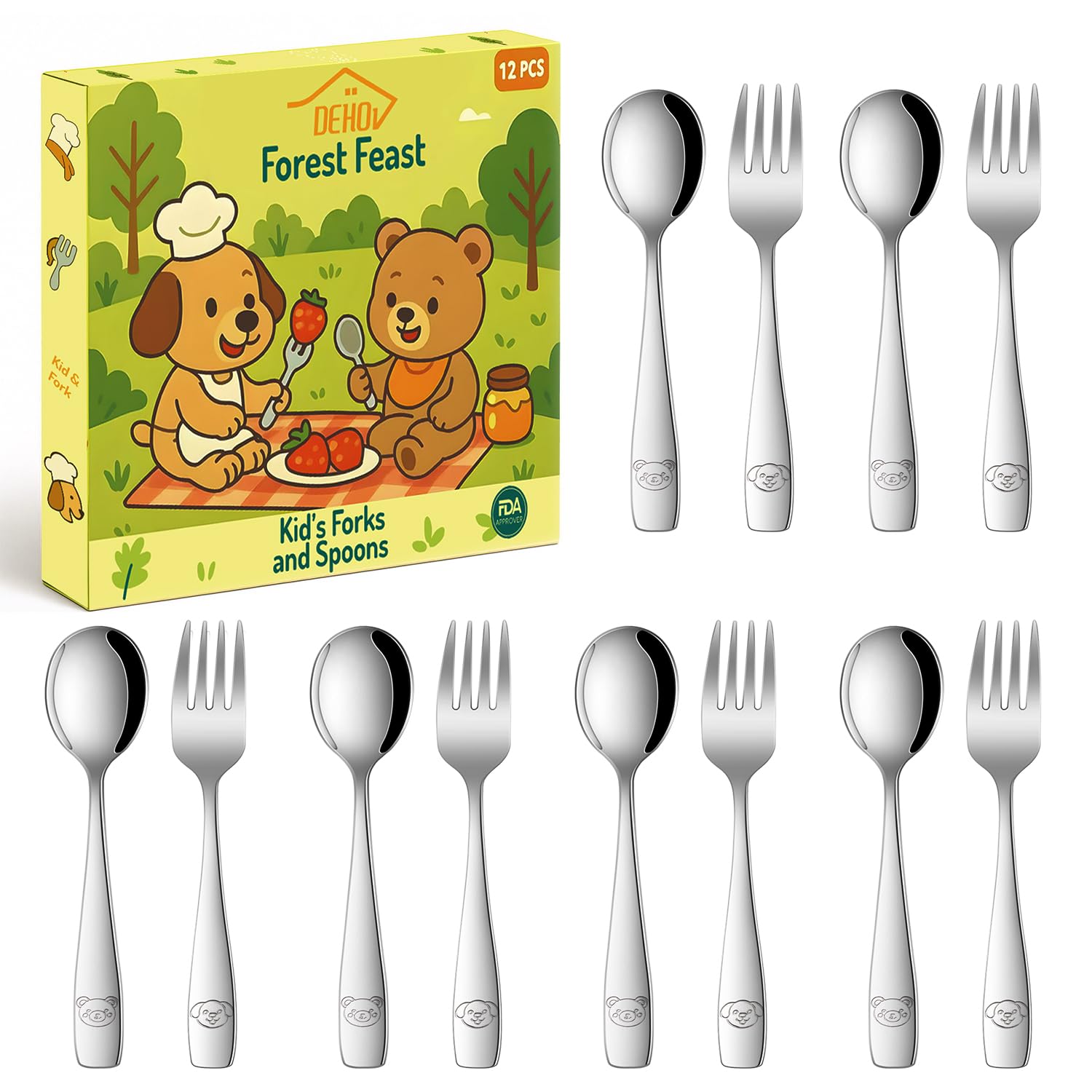 DEHOV stainless steel toddler forks and spoons with animal patterns