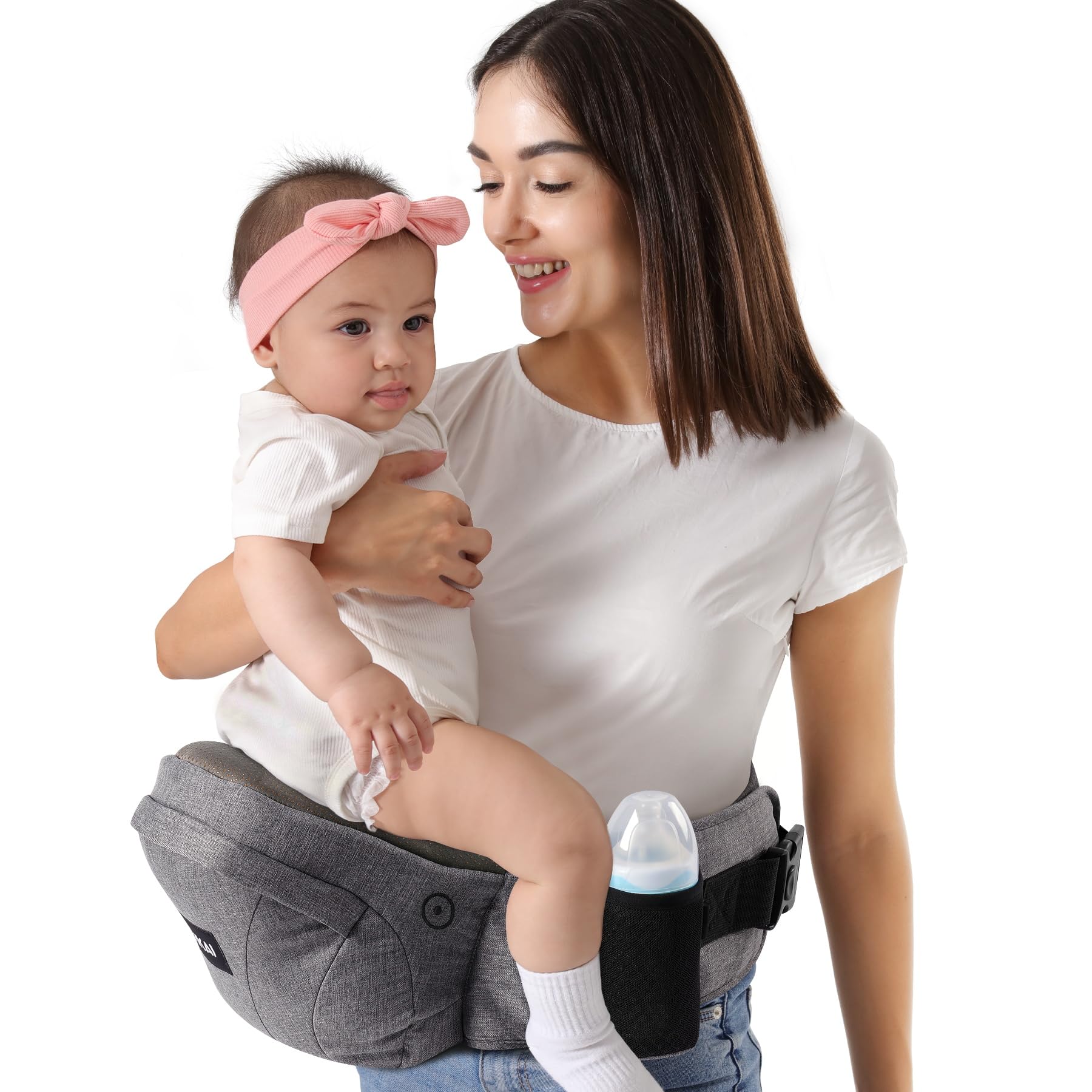 HKAI Baby Hip Carrier in grey showing ergonomic hip seat design and adjustable waistband