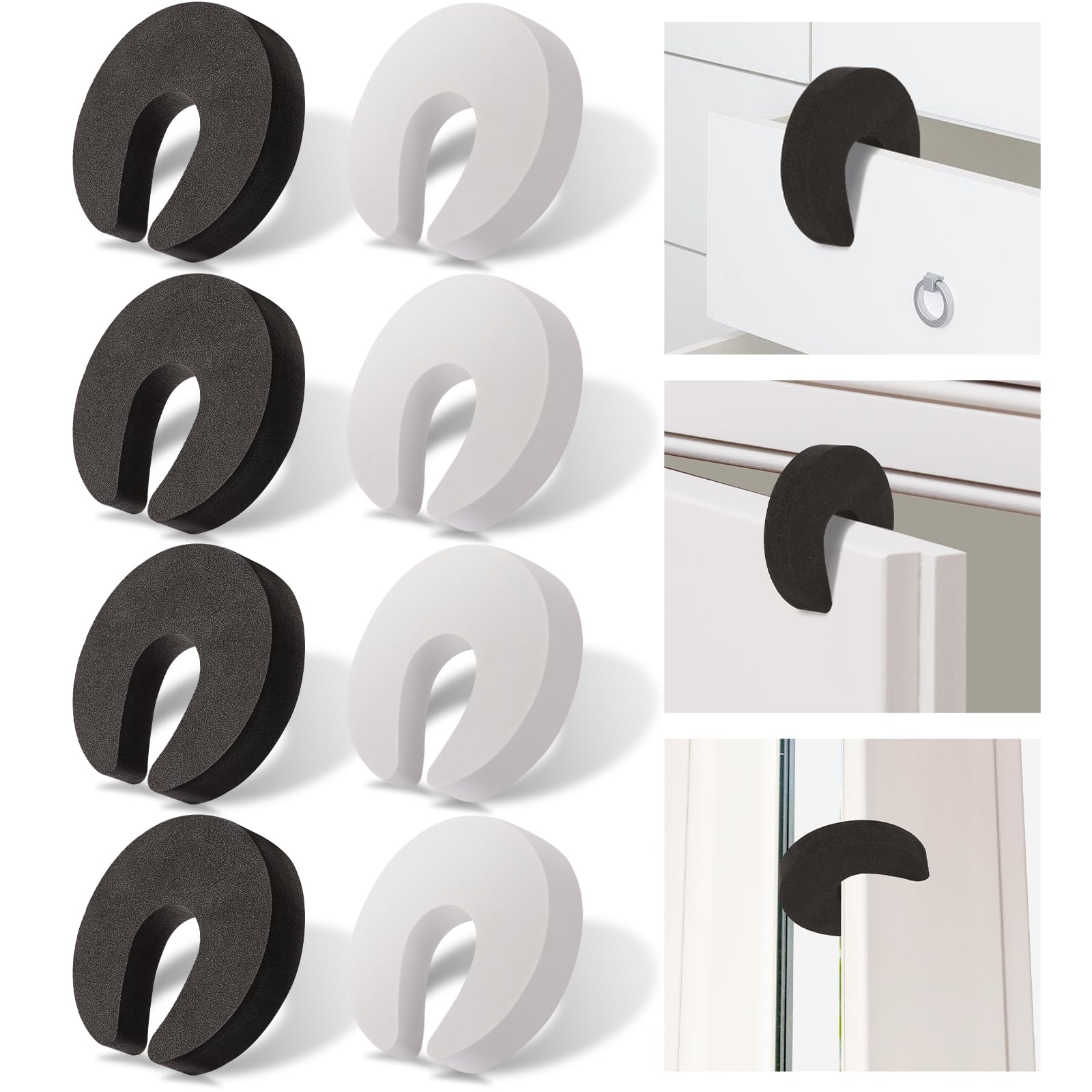 Colorful foam door stoppers preventing doors from closing and protecting children and pets from finger injuries