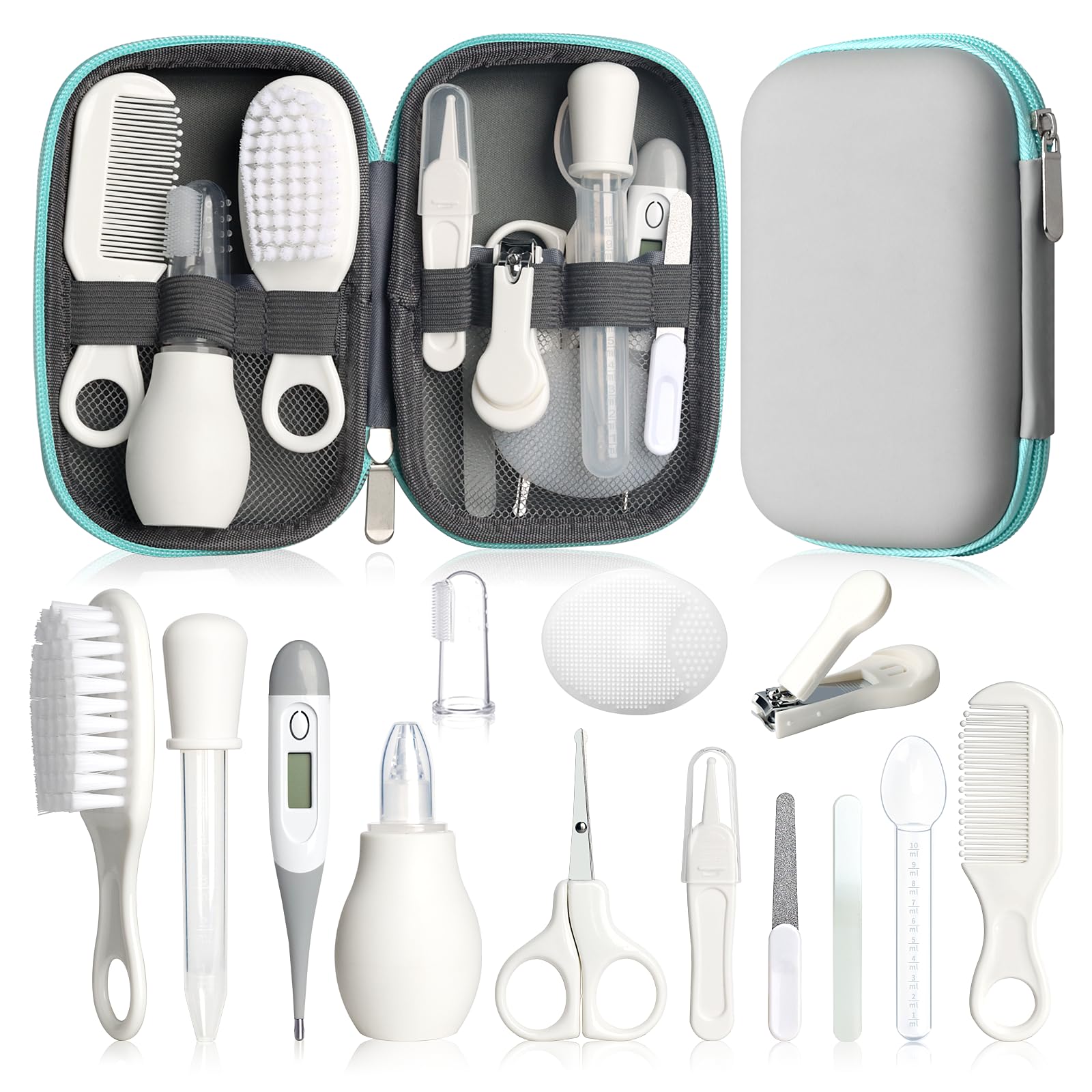 WXA Baby Grooming Kit complete 14-piece set with hair brush, nail clipper and nasal aspirator in grey and white