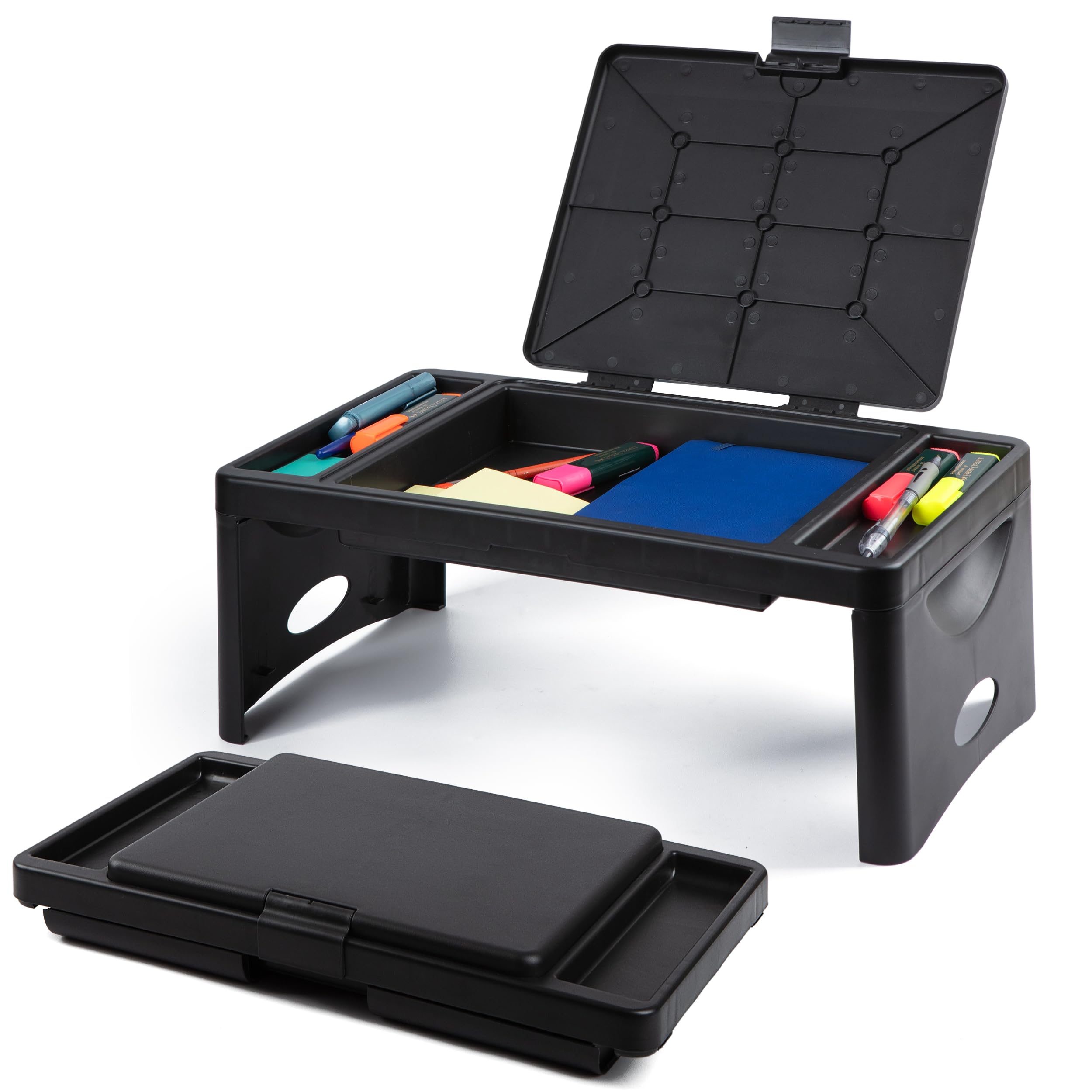 Black foldable lap desk with accessory pockets and storage pocket