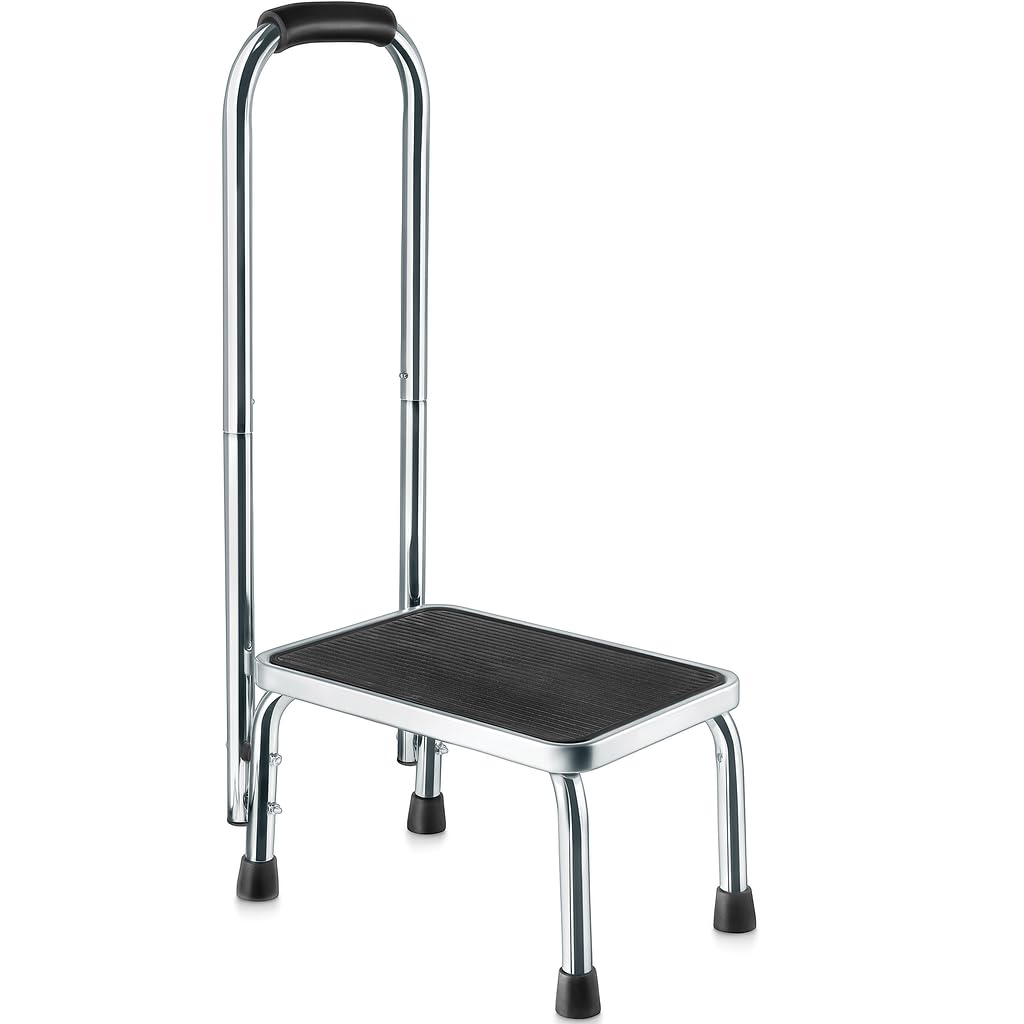 Medical King chrome step stool with tall support handle for seniors
