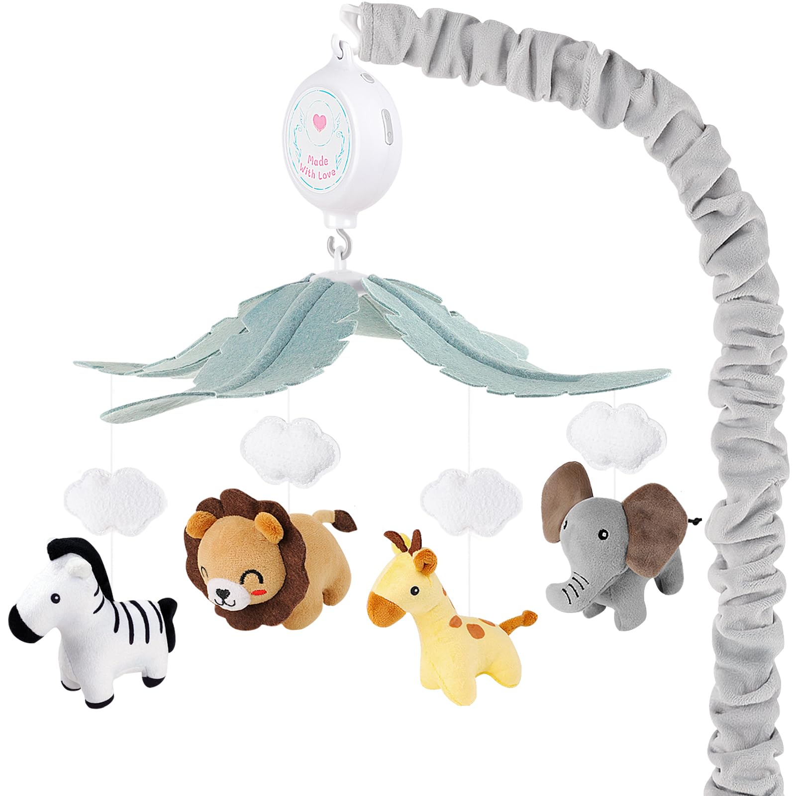 PIIKAGO Safari Animals Crib Mobile with four plush jungle animals including zebra, giraffe, elephant, and lion rotating above crib