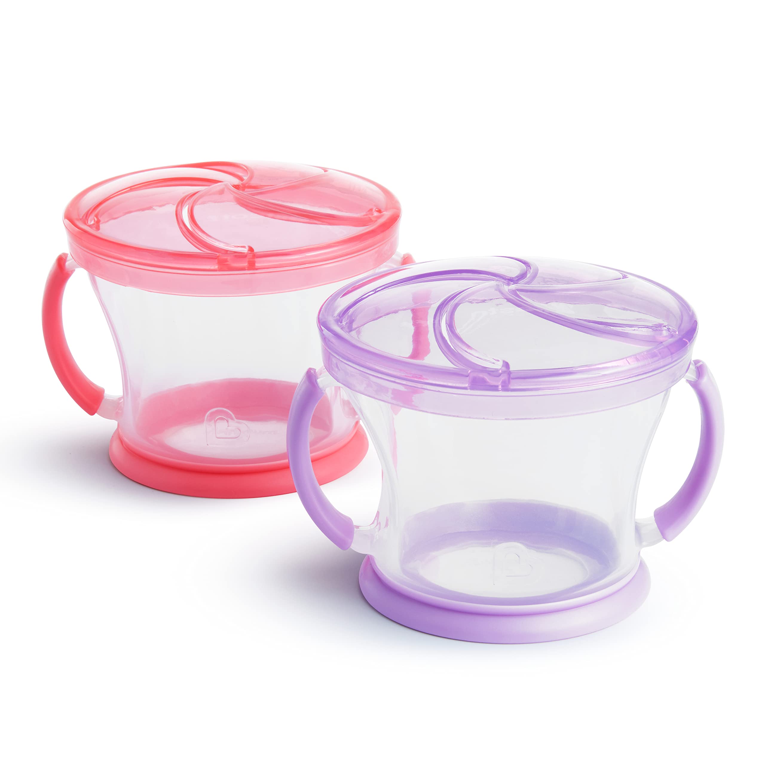 Munchkin Snack Catcher cups in pink and purple with spill-proof lids