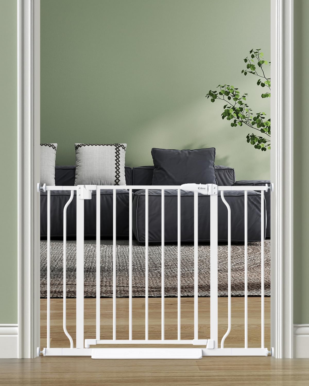 White cideny pressure-mounted baby gate with walk-through door