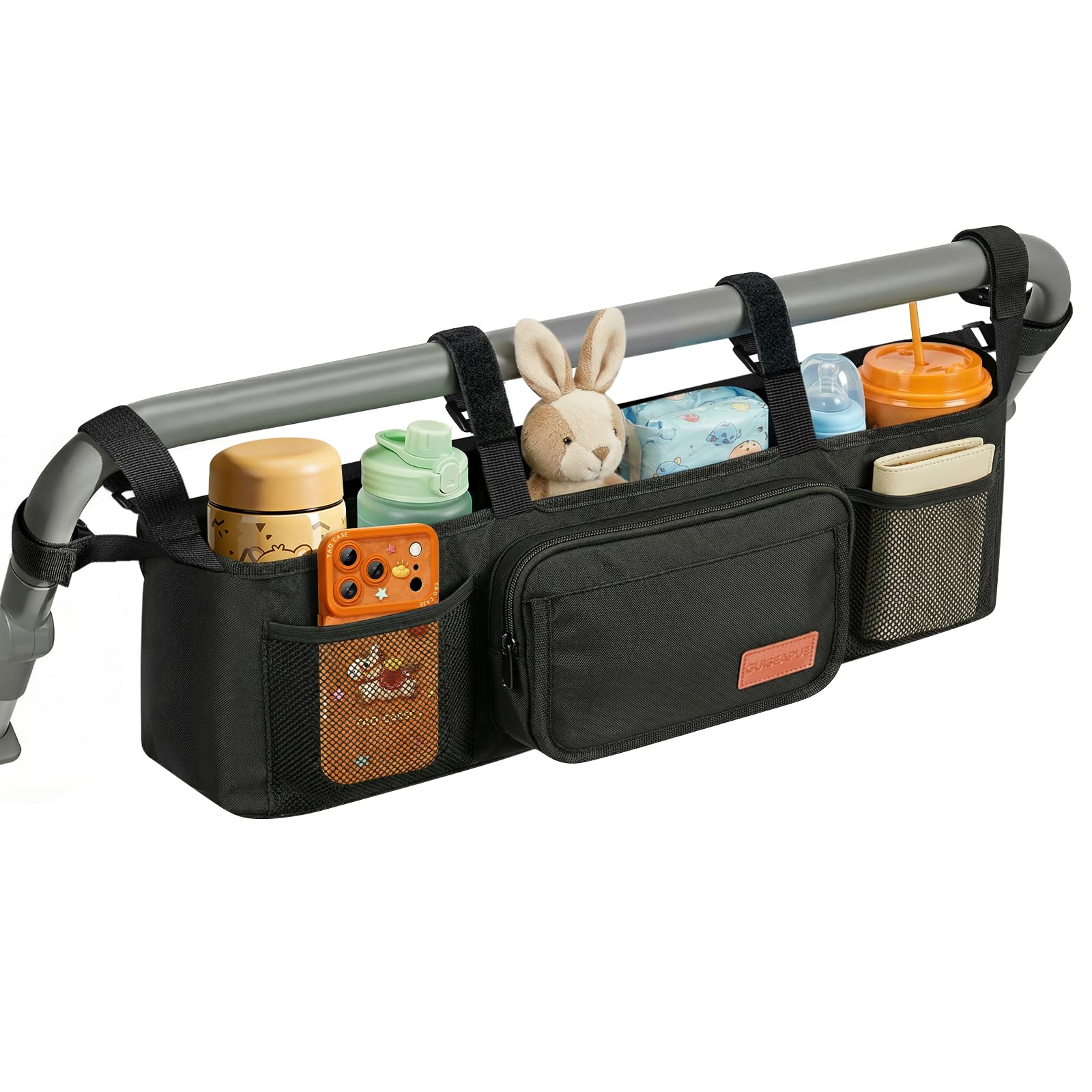 Guiseapue Double Stroller Organizer with six storage areas and insulated cup holders
