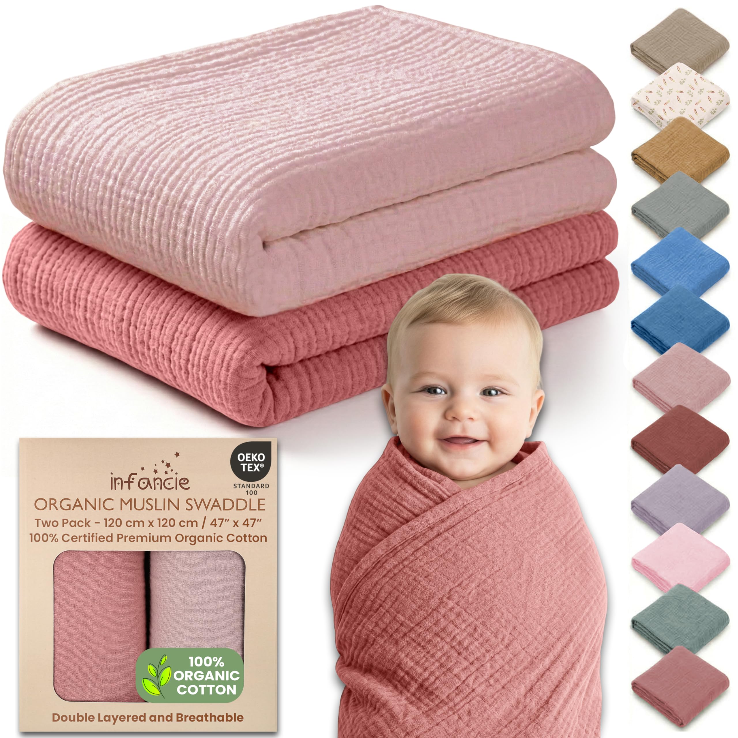 Infancie organic muslin baby blanket in rose and peach colors, OEKO-TEX certified for newborn girls