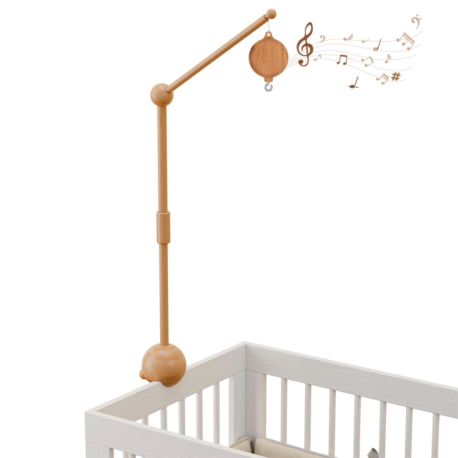 GIJIR wooden crib mobile arm with music box showing adjustable height positions