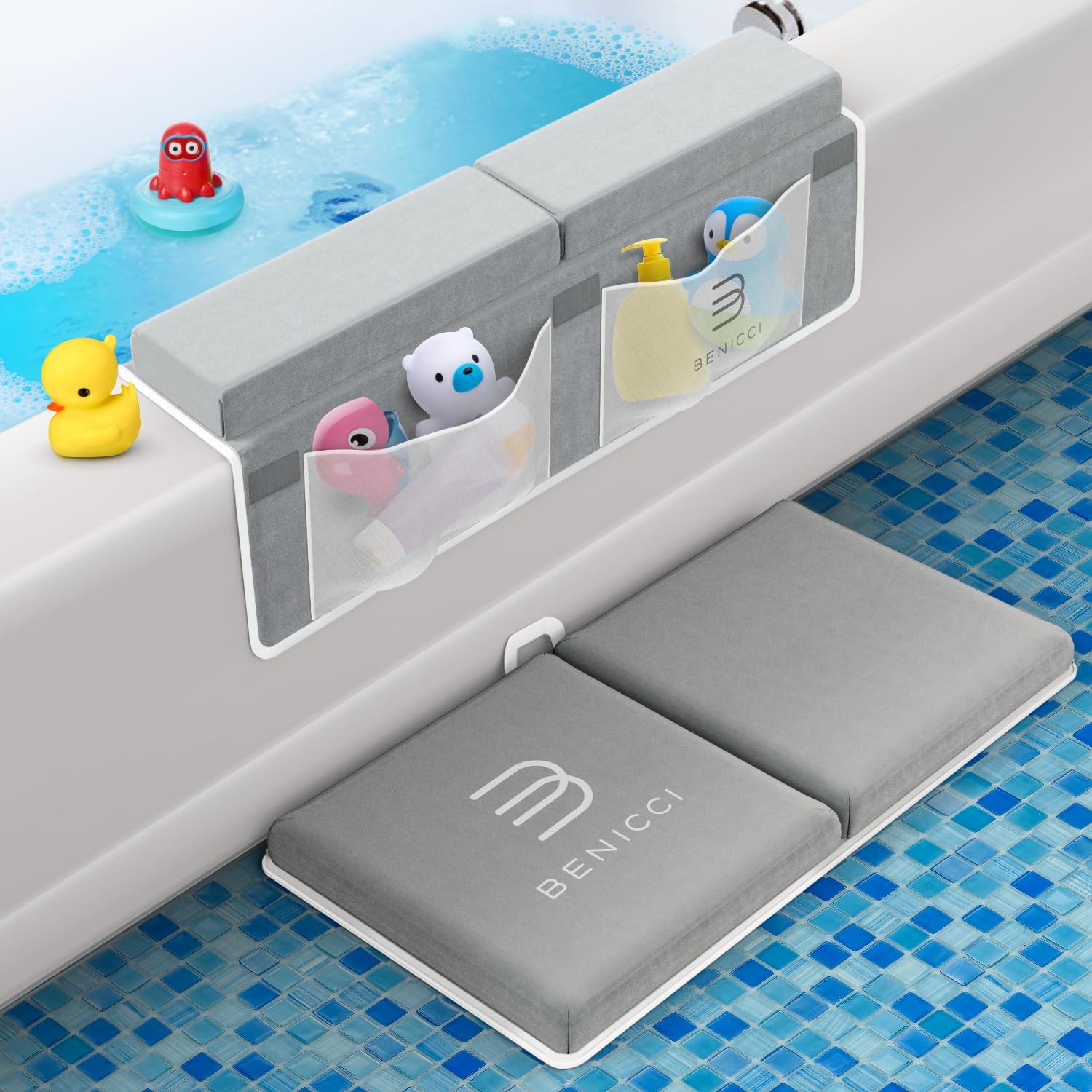 Bath kneeler with memory foam padding and elbow rest with storage pockets attached to bathtub