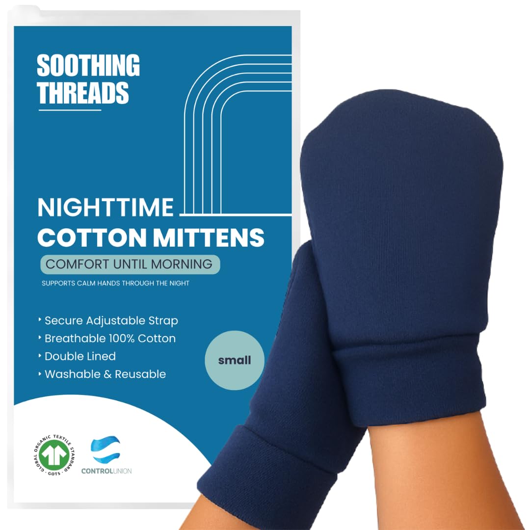 SoothingThreads organic cotton eczema mittens in navy showing adjustable strap design