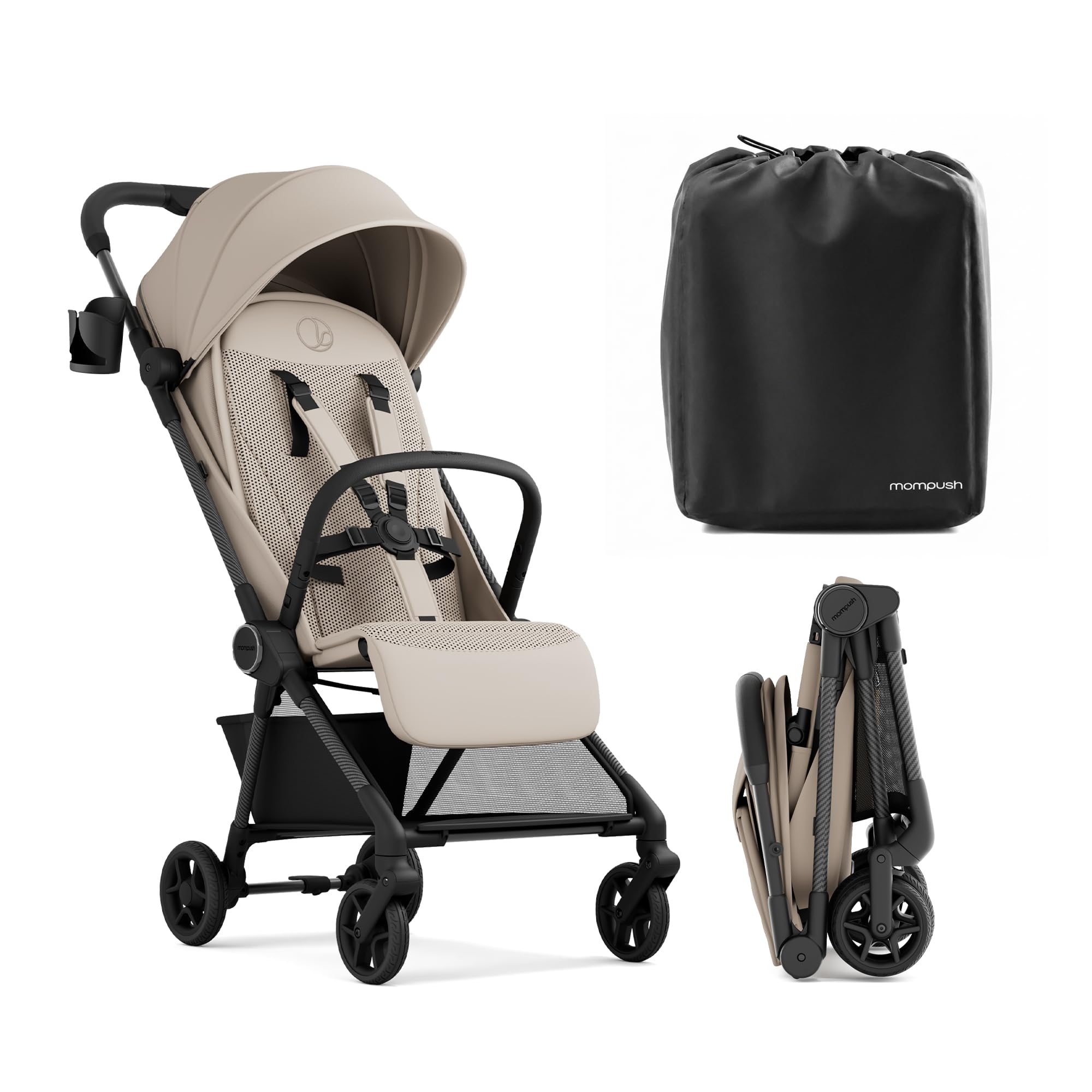 Mompush Nexis carbon fiber travel stroller with near-flat recline and XL canopy